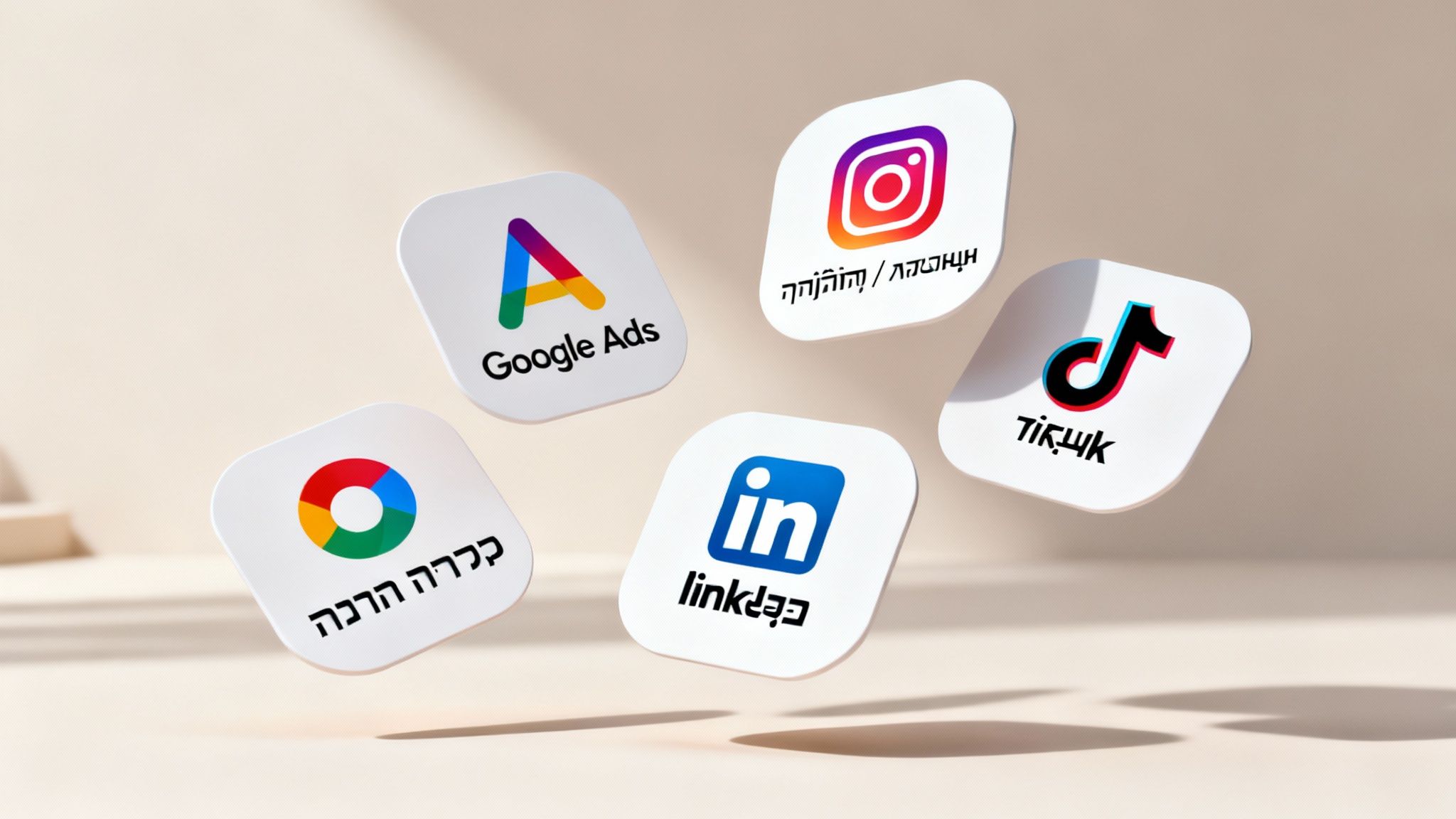 חמישה אייקונים של פלטפורמות פרסום דיגיטליות מרחפים, כולל גוגל אדס, אינסטגרם, טיקטוק ולינקדאין.