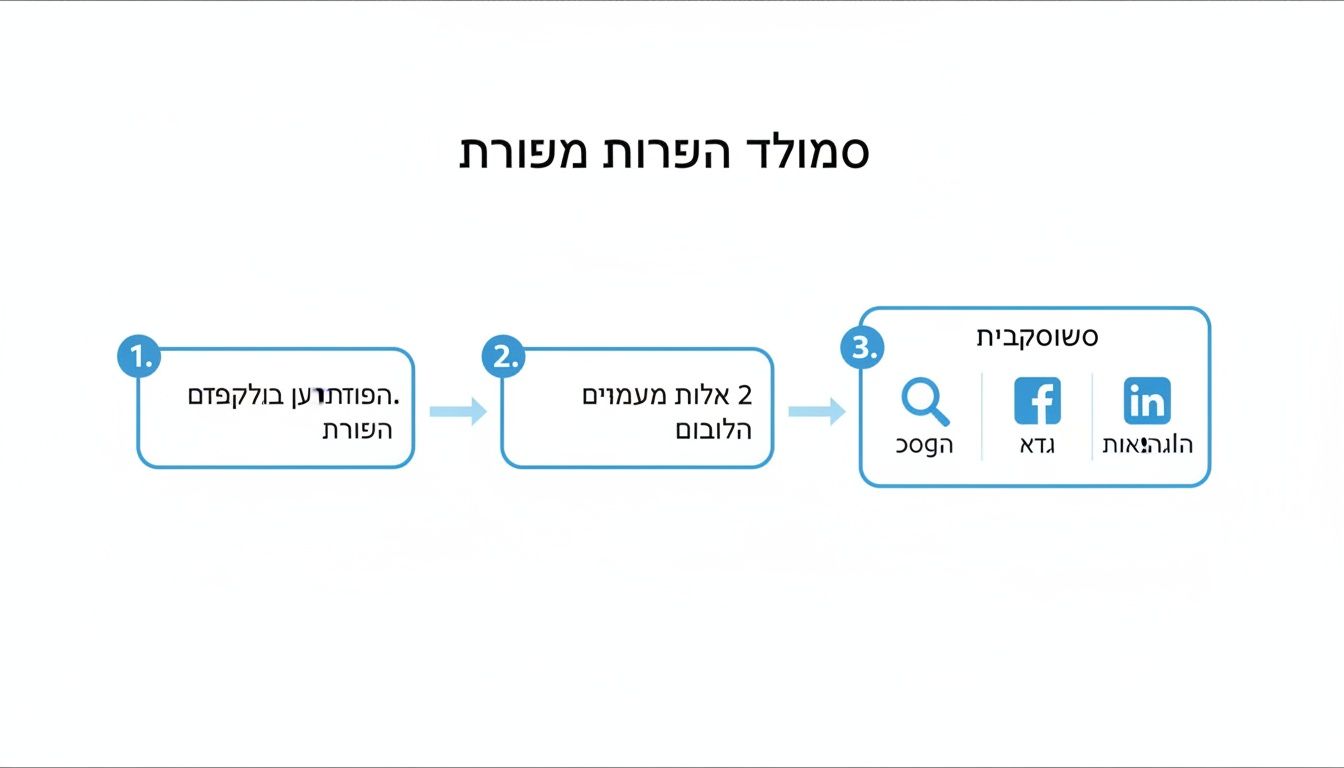 תרשים זרימה מציג מודל תהליכי בשלושה שלבים לניהול שירות, הכולל פלטפורמות חיפוש ומדיה חברתית.