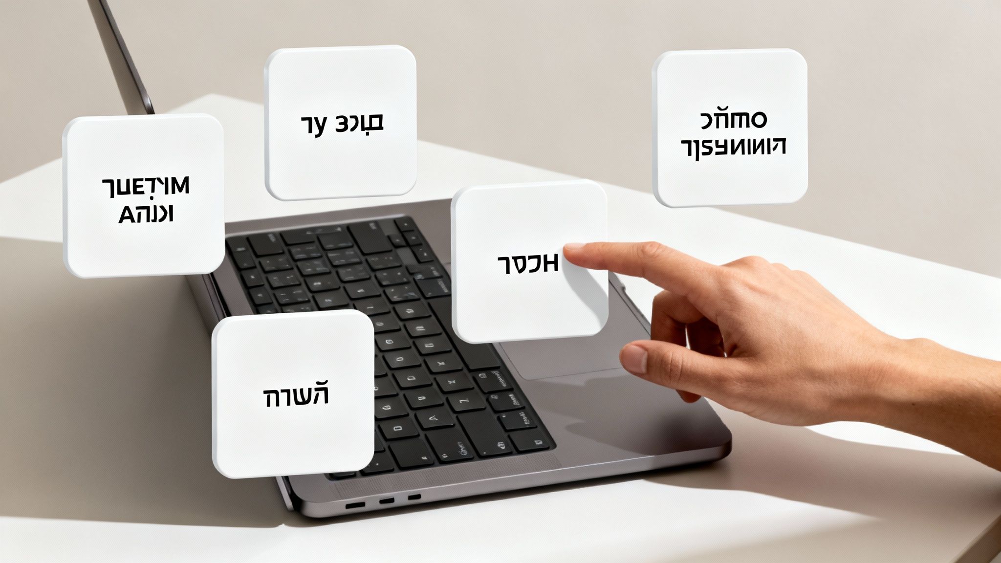 יד נוגעת בכרטיס לבן מרחף מעל מחשב נייד, עם כרטיסים נוספים המציגים כיתוב בעברית.