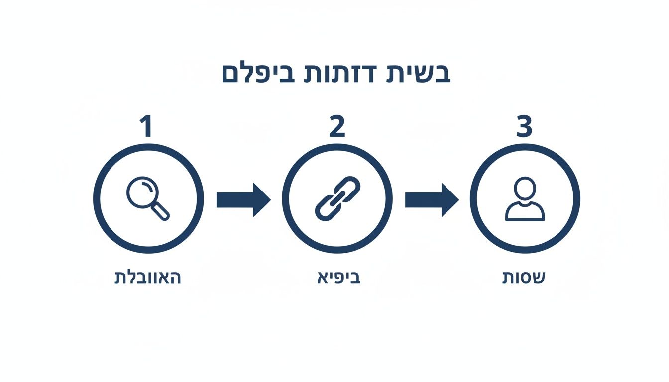 תרשים תהליך המציג שלושה שלבים: 1. חיפוש ("האוובלת"), 2. קישור ("ביפיא"), 3. משתמש ("שסות"). כותרת: 'בשית דדות ביפילם'.
