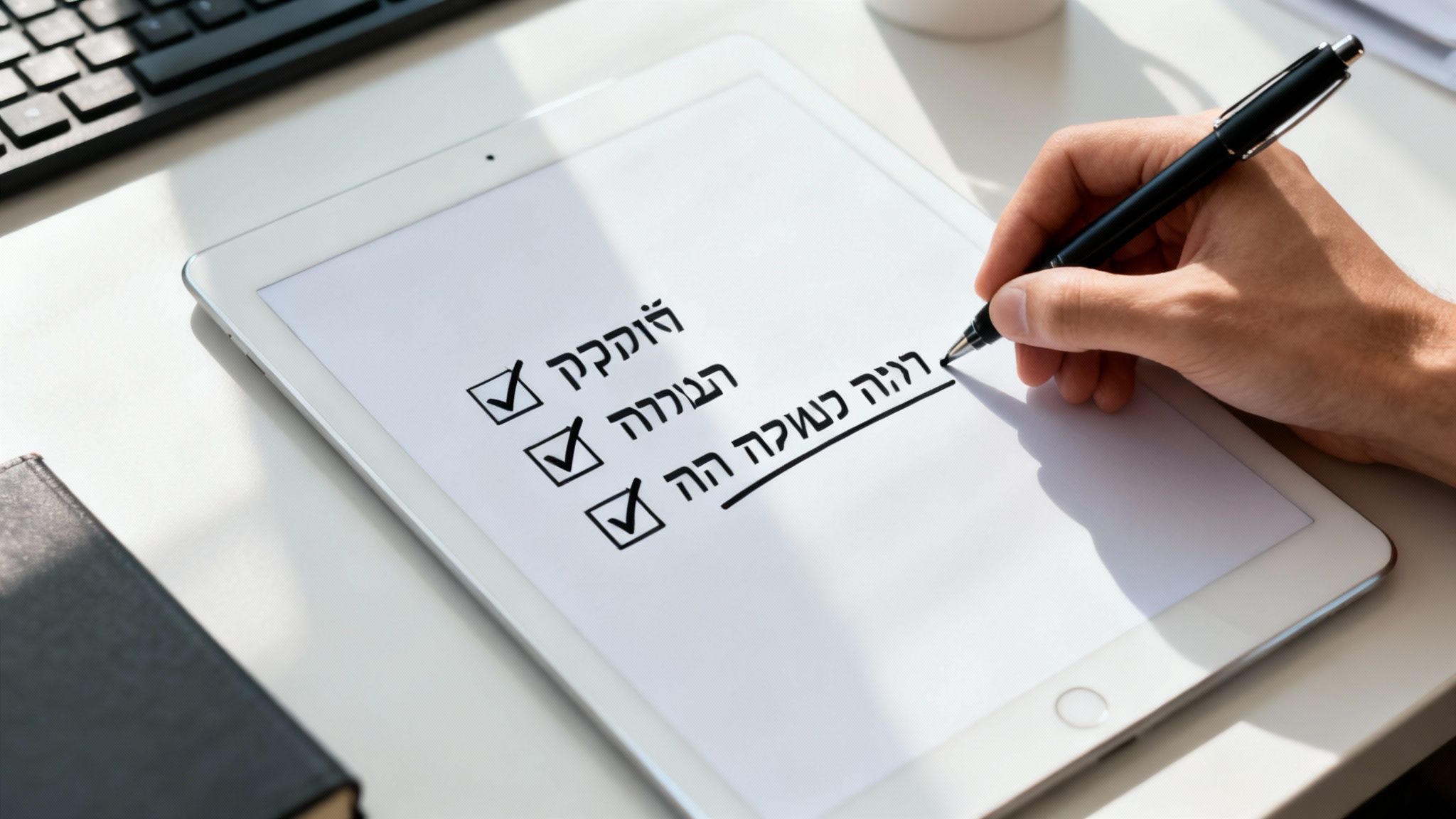 יד כותבת על טאבלט רשימת משימות בעברית, כולל סימוני V, על שולחן משרדי לבן.