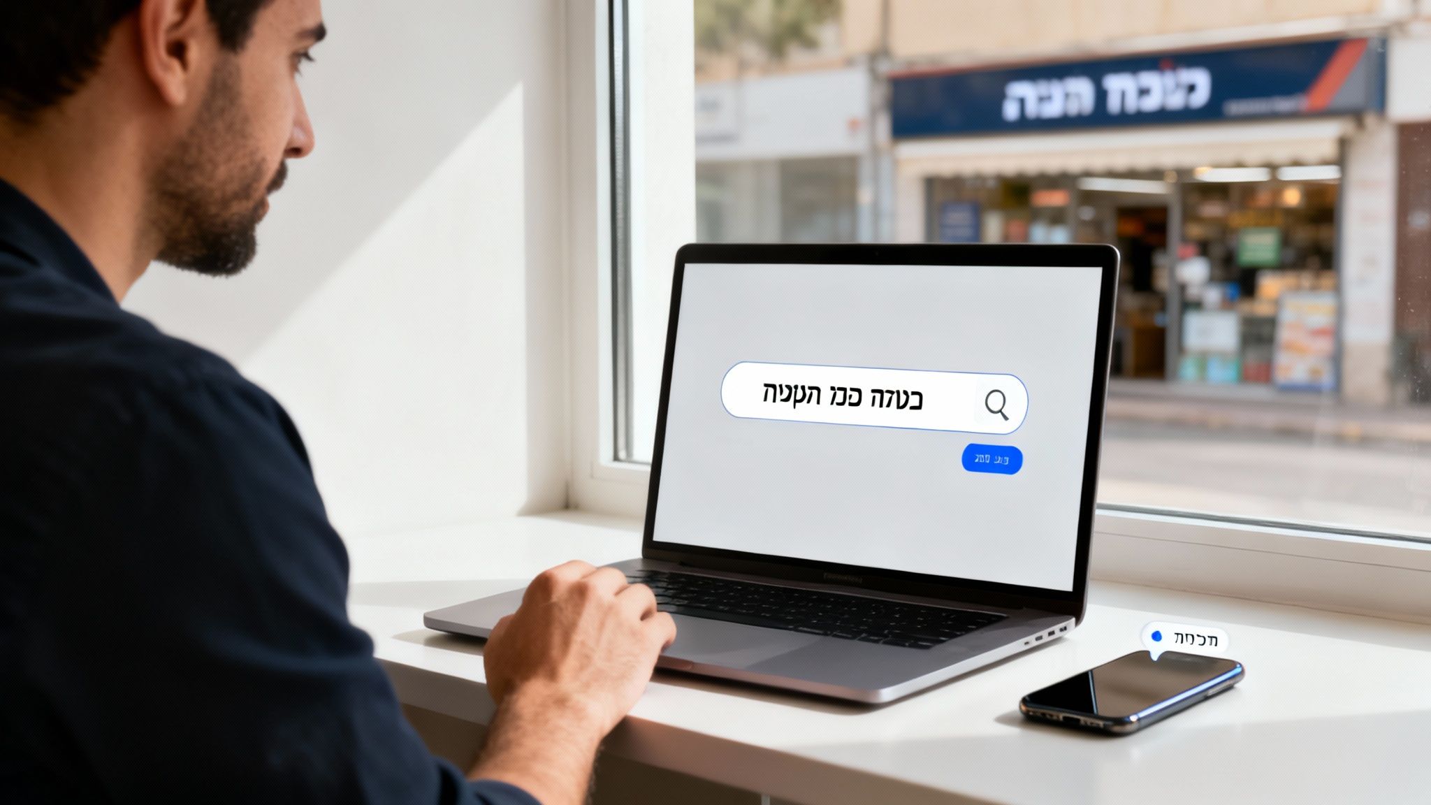 גבר מביט במסך מחשב נייד ומחפש מידע על טעינה בטוחה, עם סמארטפון לצדו.