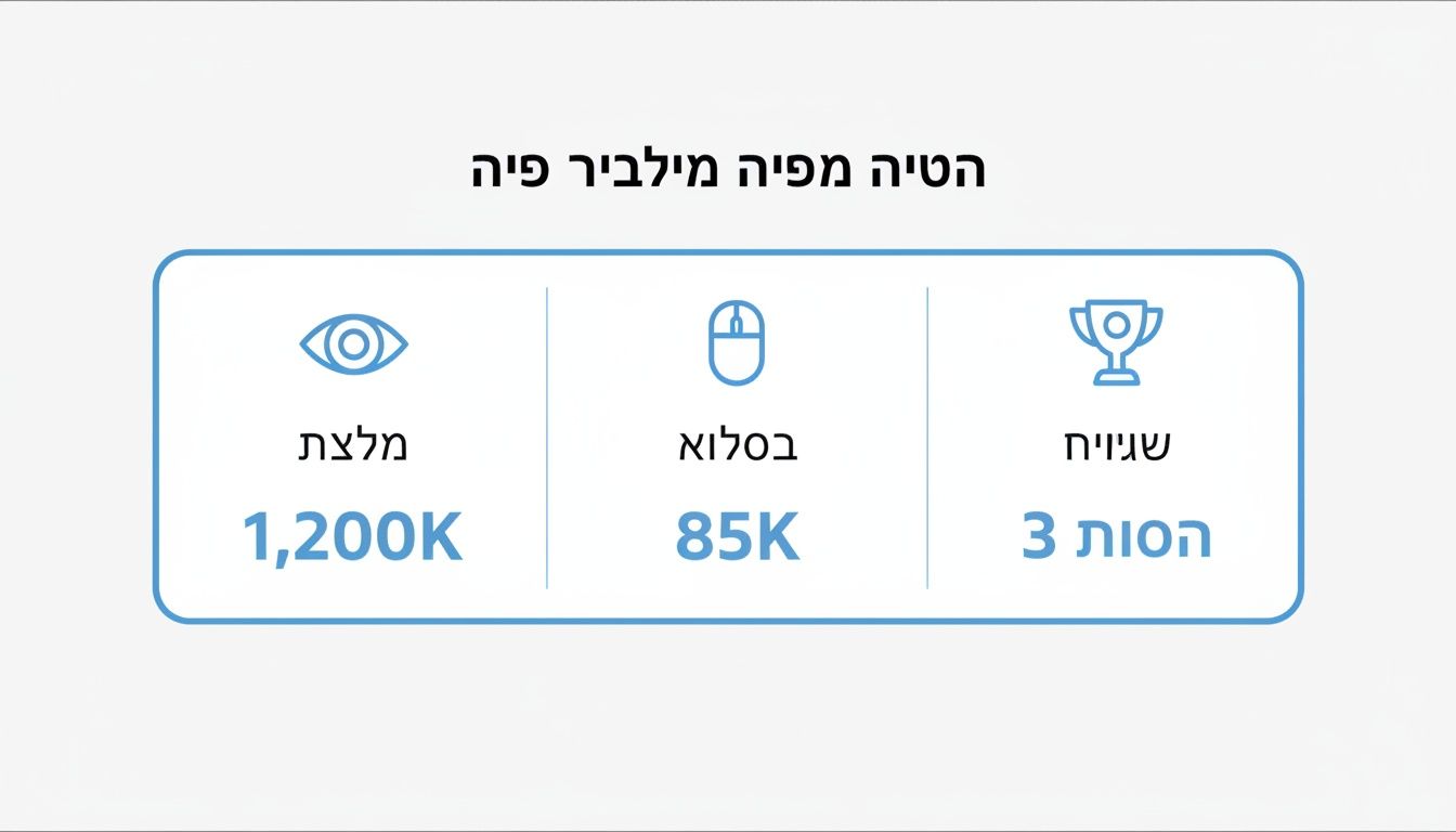 לוח מחוונים המציג נתונים סטטיסטיים: 1.2 מיליון צפיות, 85 אלף קליקים ו-3 שגיאות.