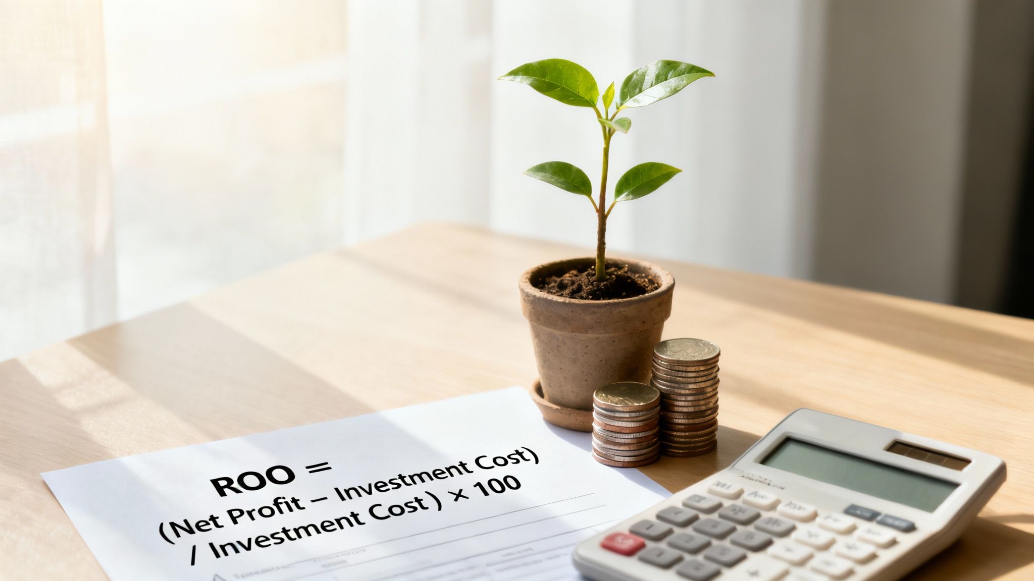 מחשבון, מטבעות מעוצבים, צמח בעציץ ונוסחת ROI על מסמך המסביר חישוב תשואה על השקעה