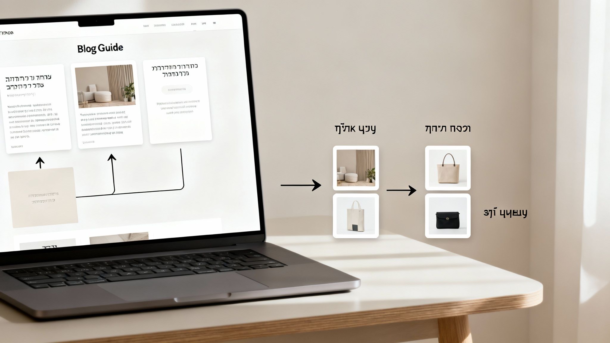 מחשב נייד מציג מדריך בלוג עם מאמרים על עיצוב הבית, לצדו תרשים ויזואלי של רהיטים ותיקים.