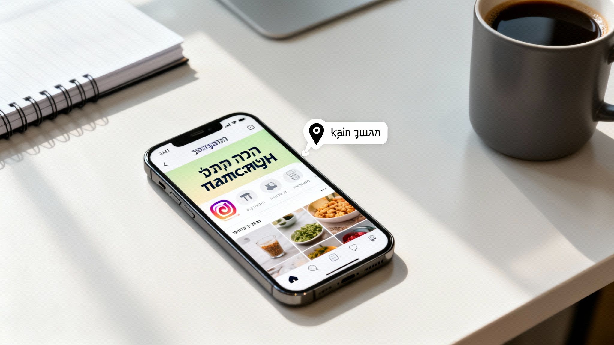 אייפון מציג פרופיל אינסטגרם עם מתכונים ותבלינים, לידו מחברת וספל קפה על שולחן לבן.