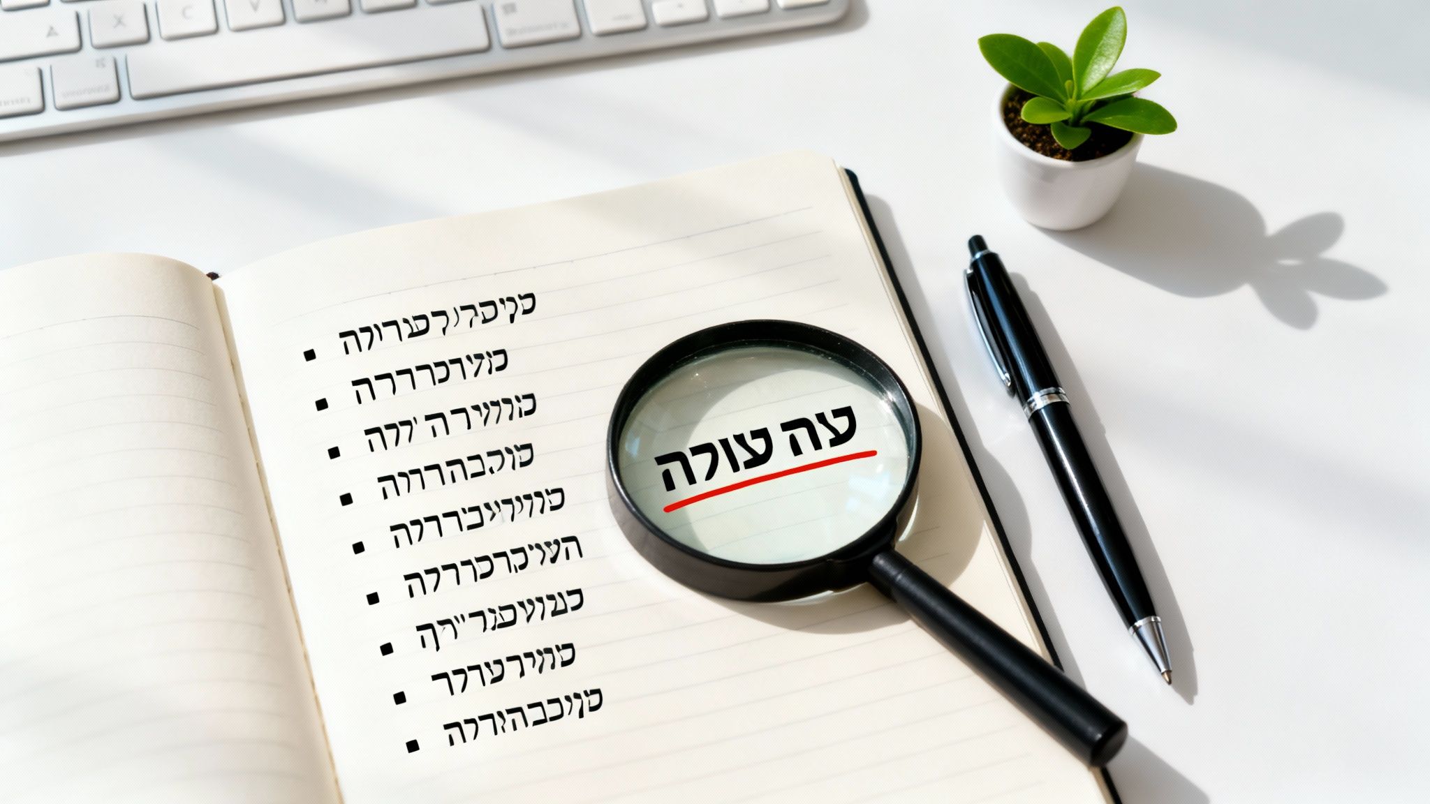 מחברת פתוחה עם מילים בעברית, זכוכית מגדלת מדגישה שגיאה בכתב יד, על שולחן משרדי.