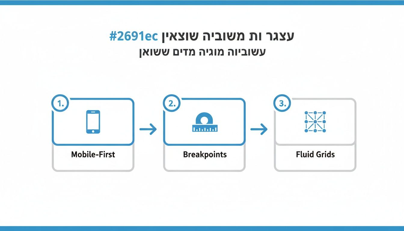 איור המציג תהליך עיצוב רספונסיבי בשלושה שלבים: Mobile-First, נקודות שבירה וגרידים גמישים.