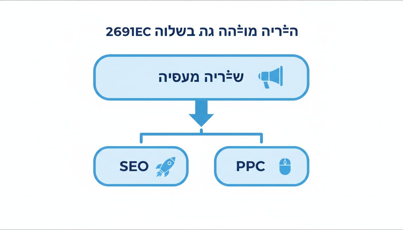 דיאגרמת זרימה המציגה אסטרטגיית שיווק הכוללת קידום אורגני (SEO) וקידום ממומן (PPC).