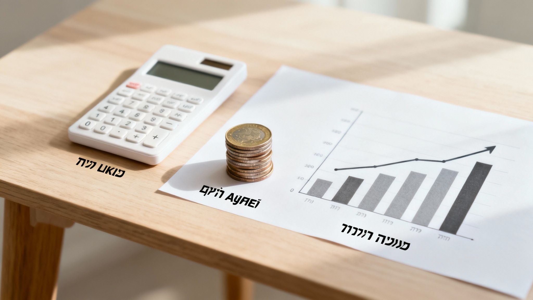 שולחן עץ עם מחשבון, ערימת מטבעות וגרף המציג צמיחה והצלחה עסקית.