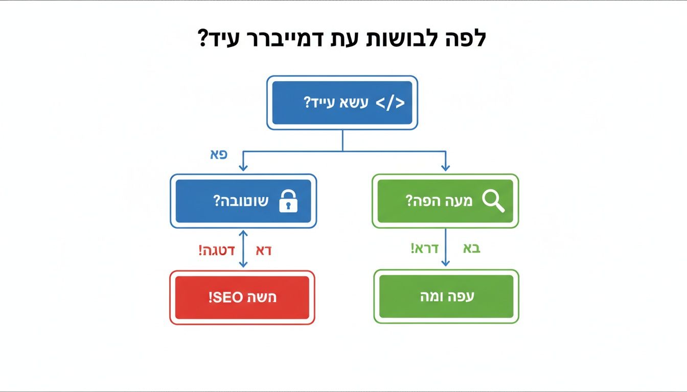 תרשים זרימה המציג תהליכי אופטימיזציה לאתרי אינטרנט, כולל תגי HTML, אבטחה ותוכן לקידום אתרים.
