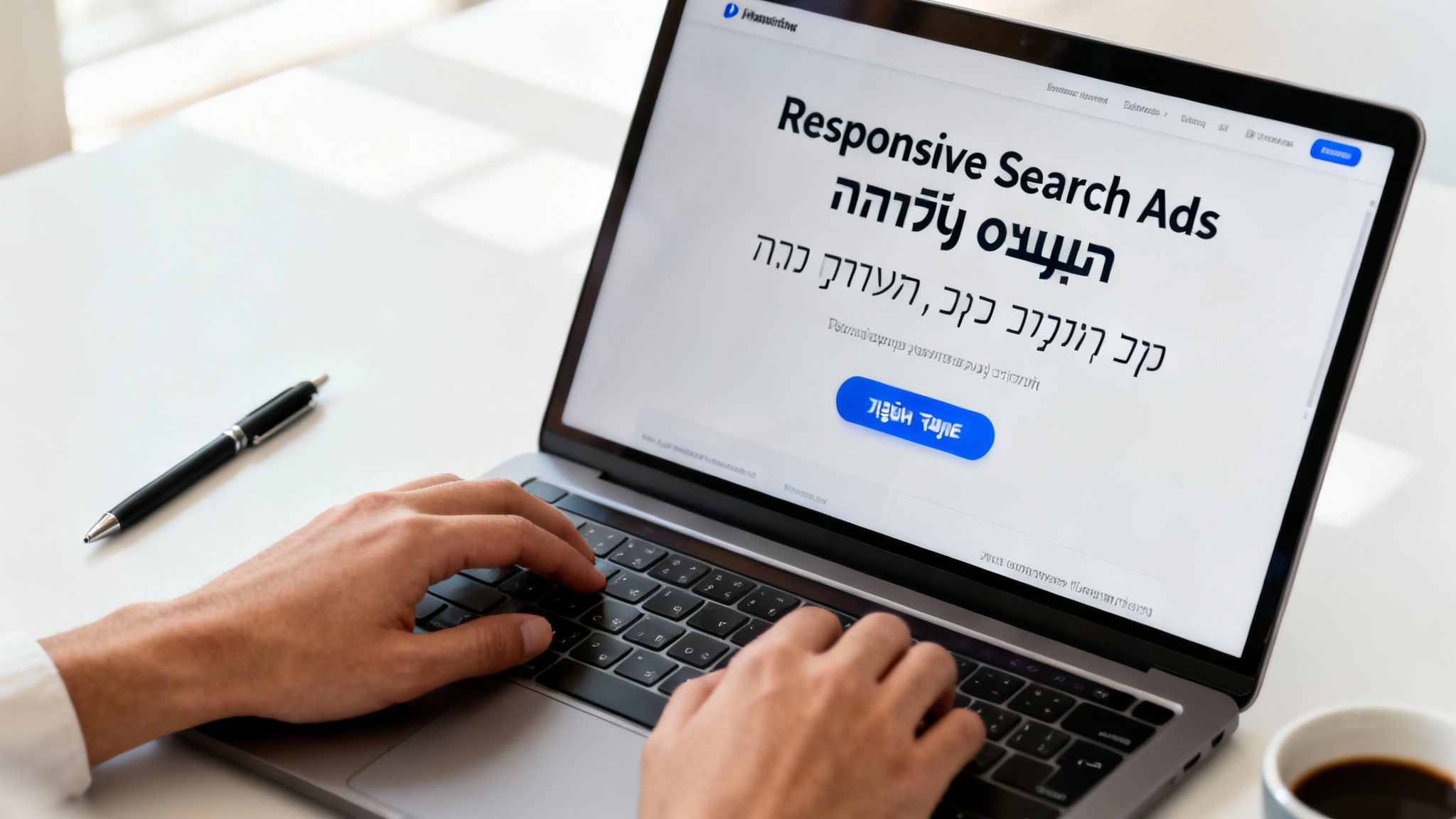 אדם מקליד על מחשב נייד המציג פרסומות מגיבות לחיפוש בגוגל, בעת עבודה על קמפיינים דיגיטליים.