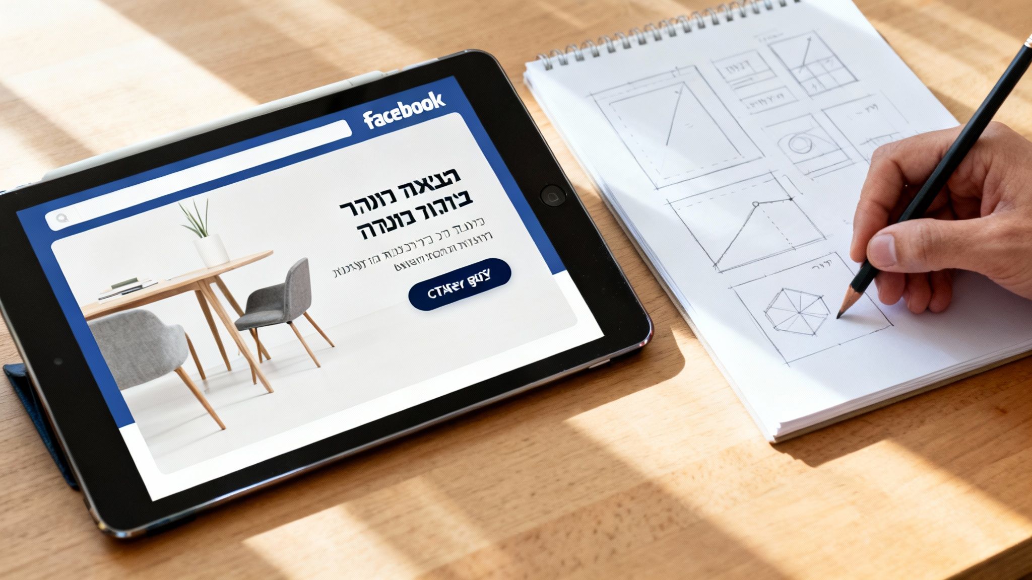 אדם משרטט עיצובים במחברת ליד טאבלט המציג קמפיין פייסבוק בעברית, על שולחן עץ.