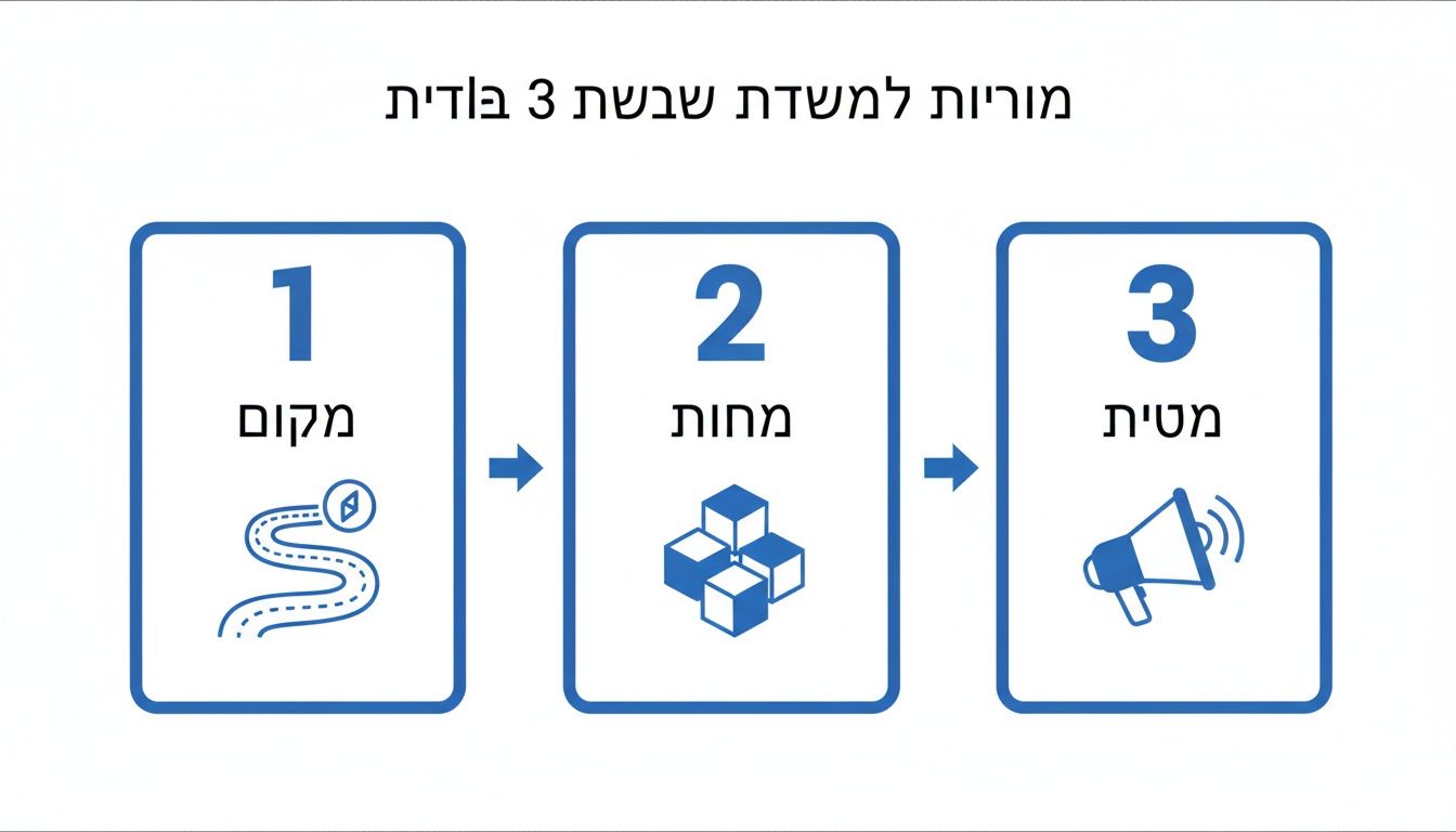 תרשים זרימה של מדריך משתמש בשלושה שלבים: מקום עם כביש, מחוז עם קוביות ומטרה עם מגפון.