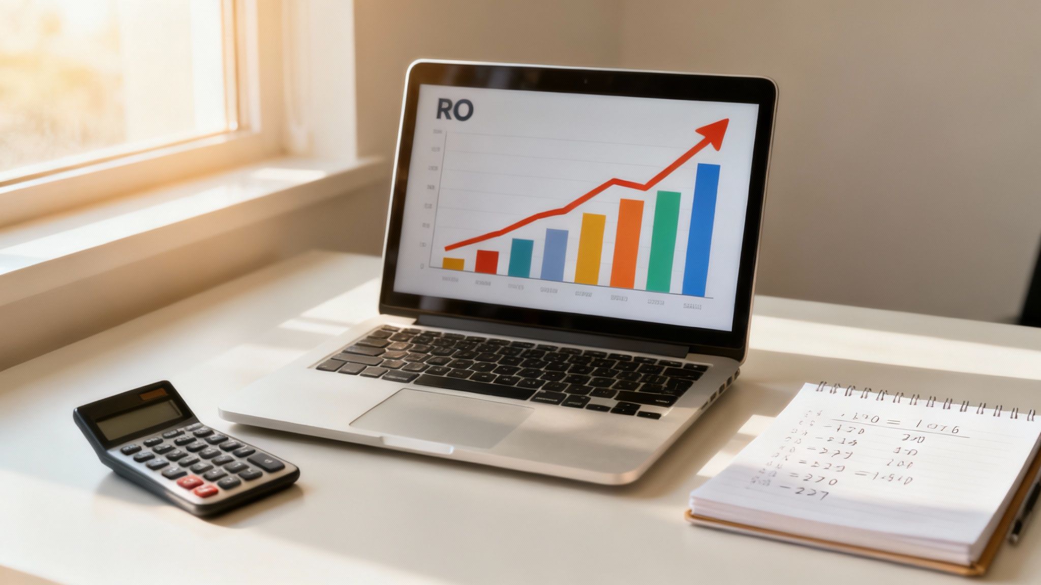 מסך מחשב נייד מציג גרף ROI עם עמודות צבעוניות וחץ אדום עולה, לצד מחשבון ומחברת עם חישובים