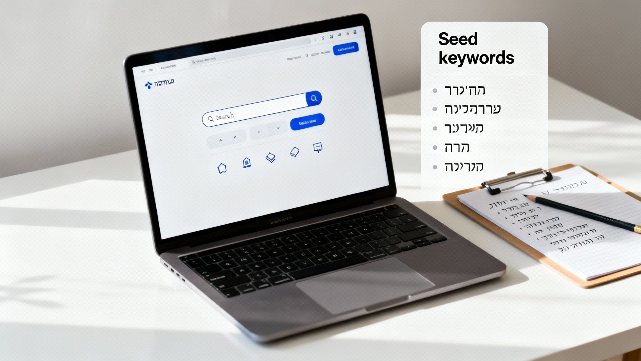 איור המציג כלים שונים כמו זכוכית מגדלת, גרפים ומחשב, המסמלים את תהליך איסוף מילות המפתח באמצעות כלים דיגיטליים.
