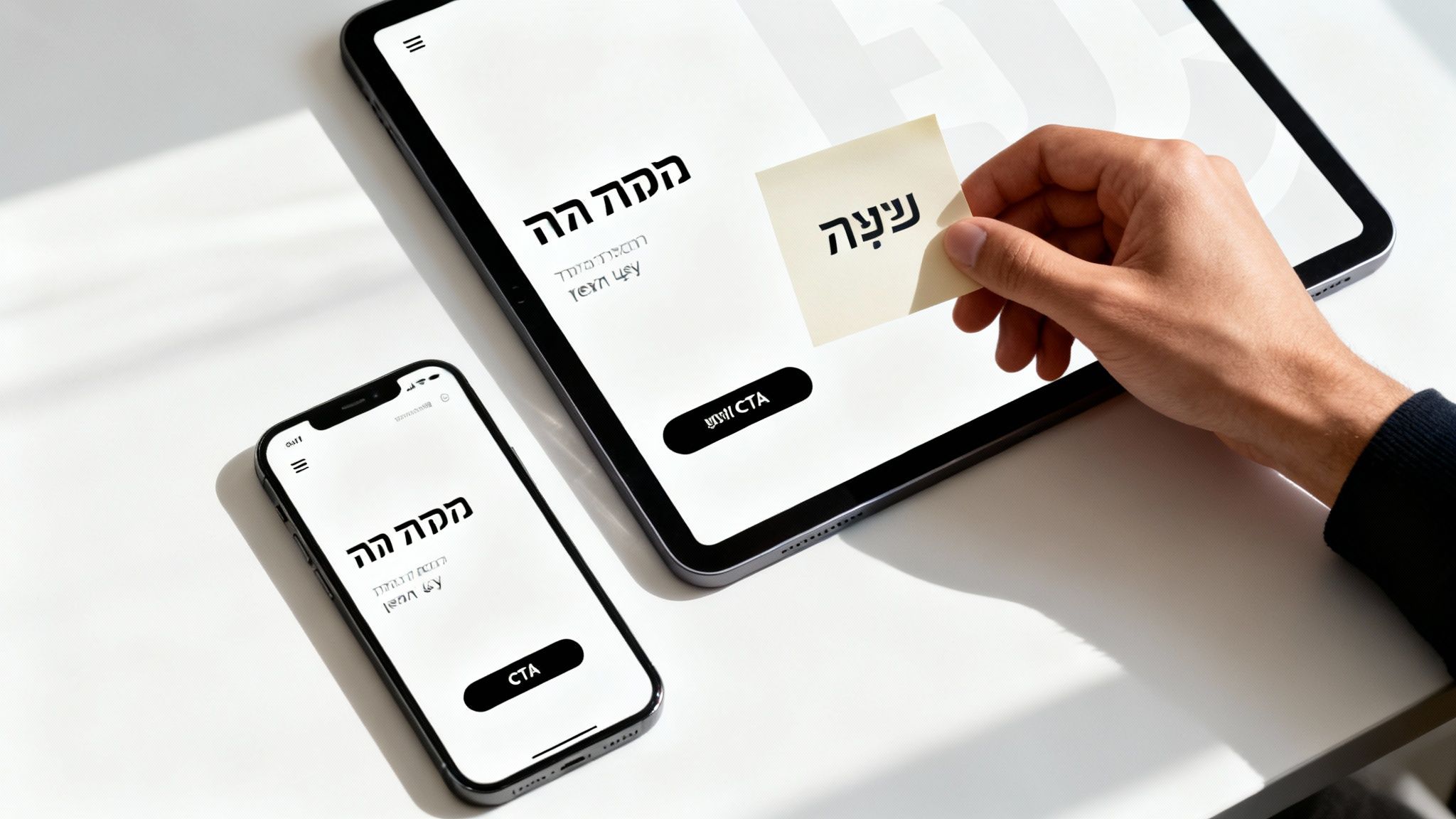 איור המציג אלמנטים של עיצוב דף נחיתה, כולל טיפוגרפיה, פלטת צבעים, וכפתור קריאה לפעולה בולט
