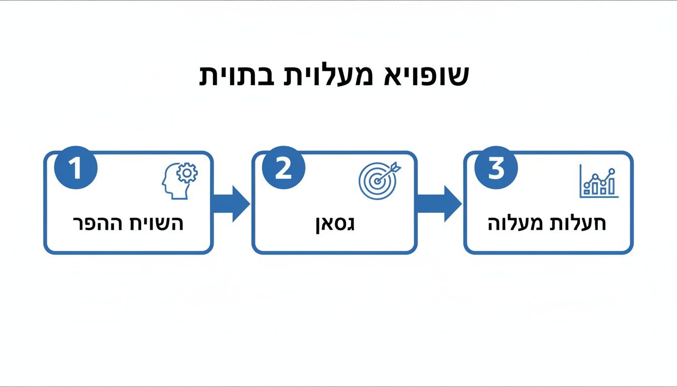 תרשים זרימה של תהליך שיפור איכות בן שלושה שלבים: איתור פערים בשירות, הגדרת יעדים ובדיקה, ופעולות לשיפור ומדידה.