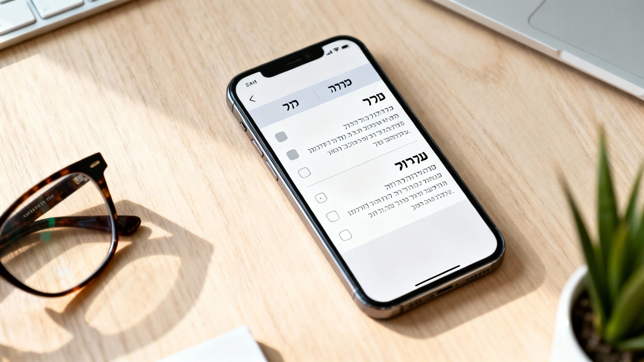 טלפון אייפון מונח על שולחן עץ עם אפליקציית רשימות בעברית, לצדו משקפיים וצמח ירוק.