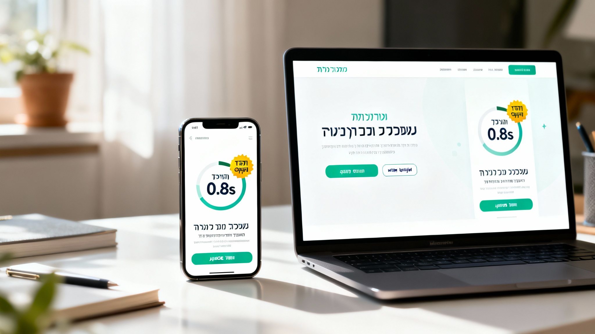מחשב נייד וסמארטפון על שולחן עבודה מואד עם אתר אינטרנט המציג ביצועים מהירים.