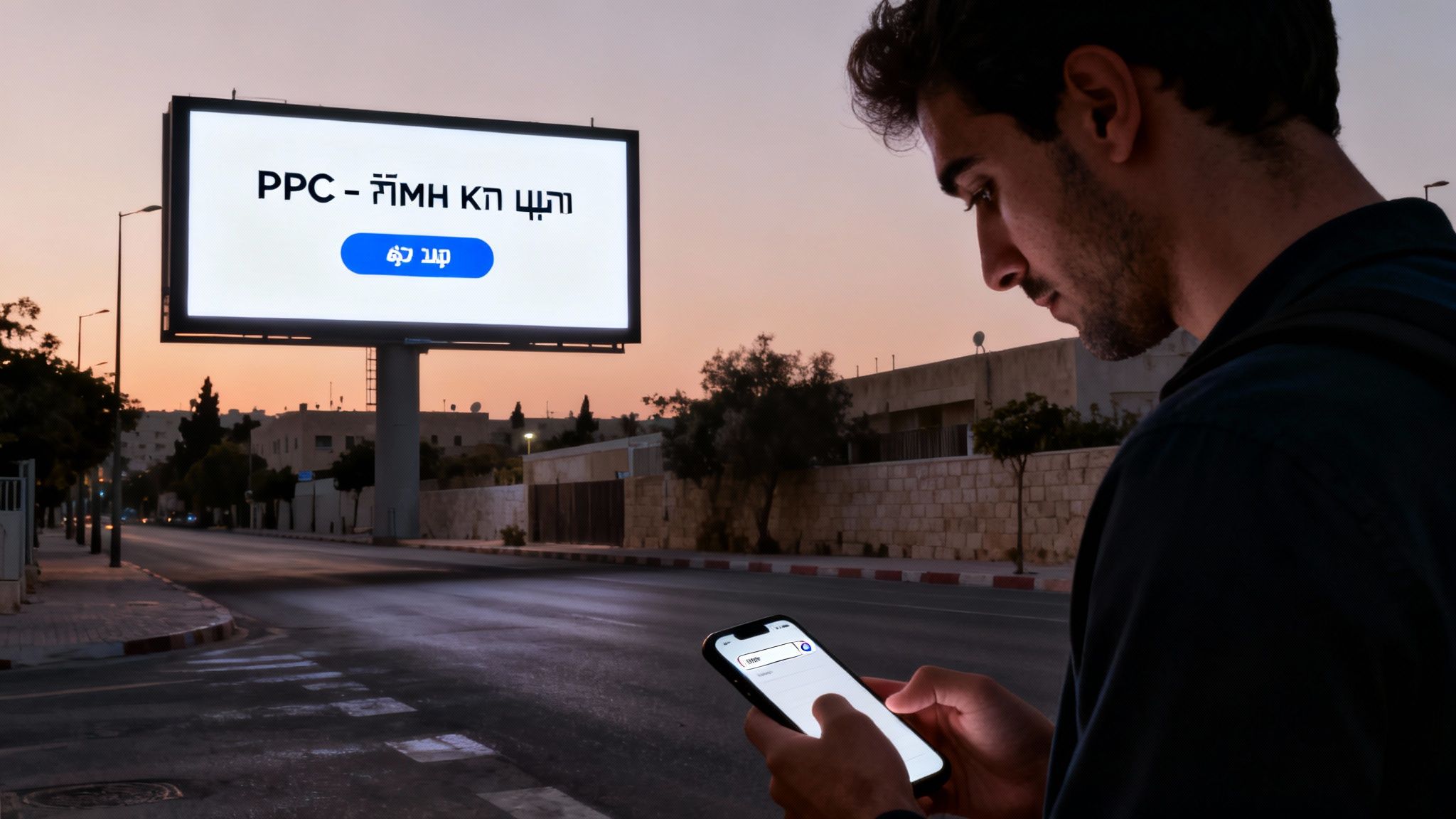גבר צעיר עומד ברחוב בין ערביים, מסתכל בטלפון שלו, עם שלט חוצות מואר המציג 'PPC - מה זה PPC' ברקע.