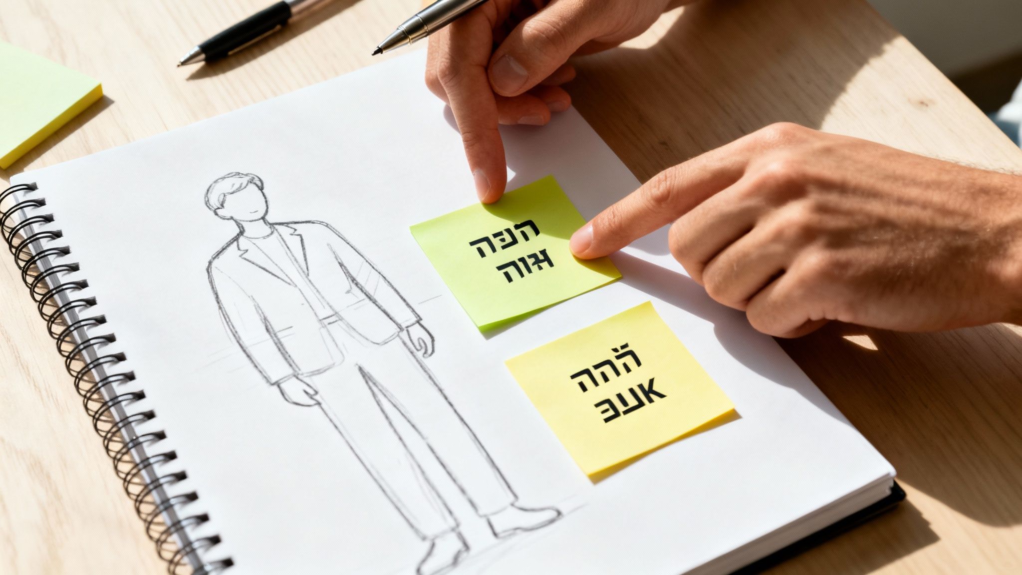 ידיים מניחות פתקיות צהובות עם טקסט עברי על מחברת עם סקיצה של דמות, ליד עט.
