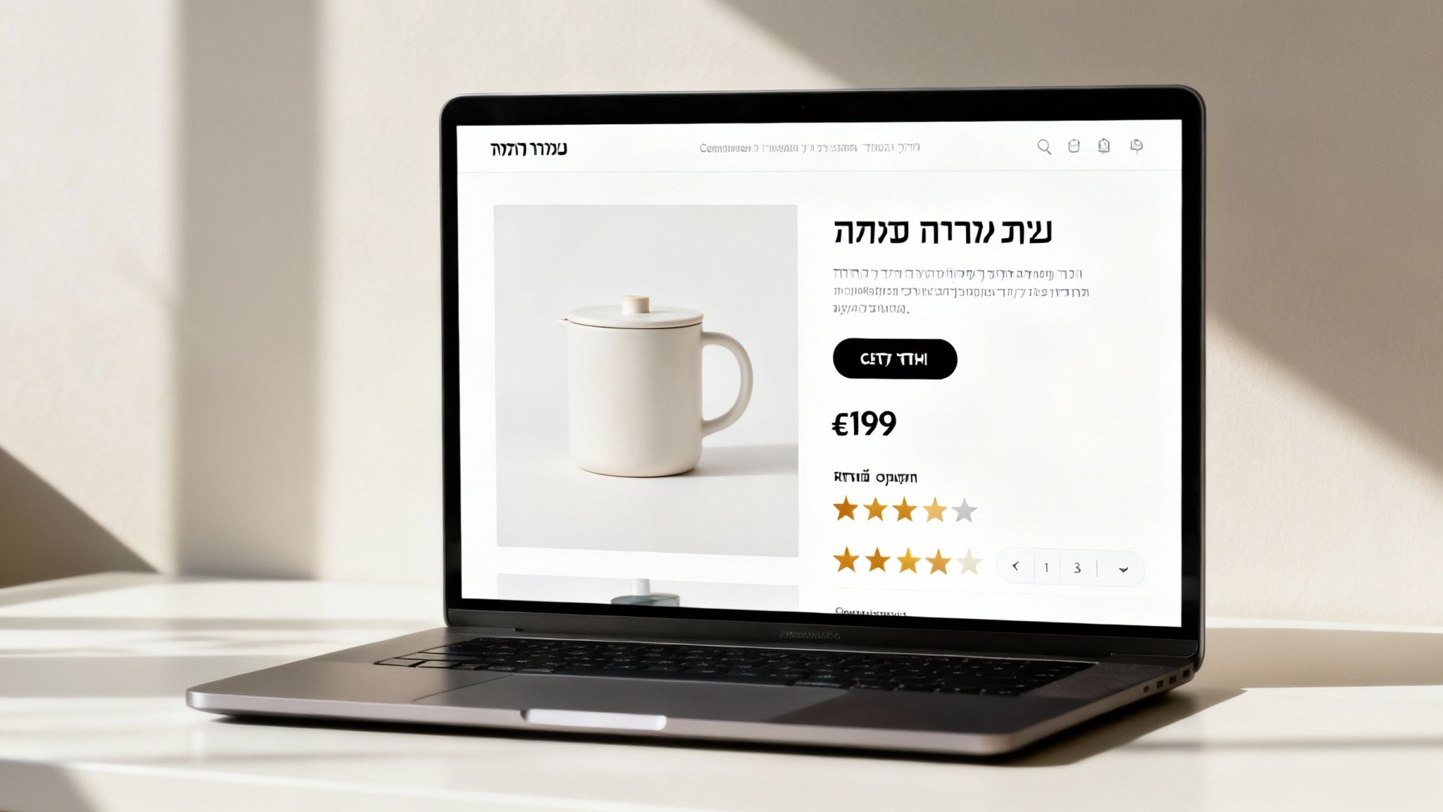מחשב נייד מציג דף מוצר של ספל קרמיקה לבן עם מכסה, מחיר 199 אירו ודירוגי כוכבים.