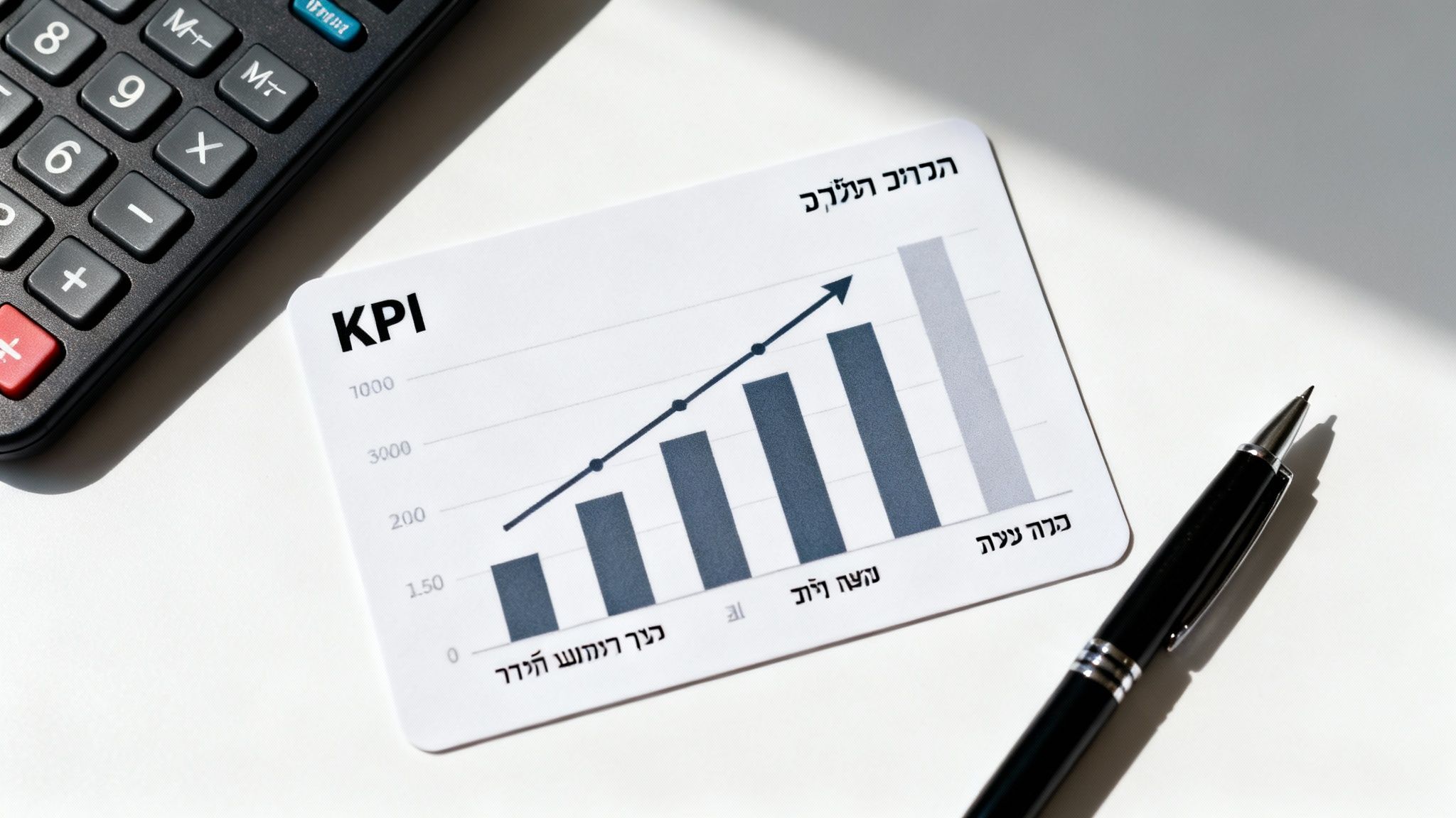 תמונה המציגה כרטיס עם גרף KPI עולה, מחשבון ועט, המסמלת צמיחה עסקית.