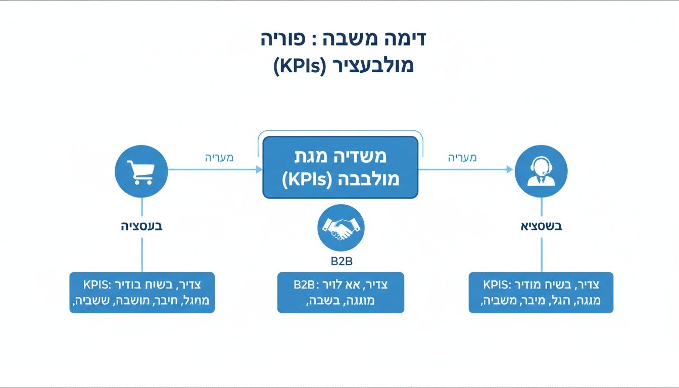 תרשים זרימה המפרט מדידת ביצועים (KPIs) מול בעלי עניין בערוצים שונים: עסקאות, שירות ותמיכה, ו-B2B.