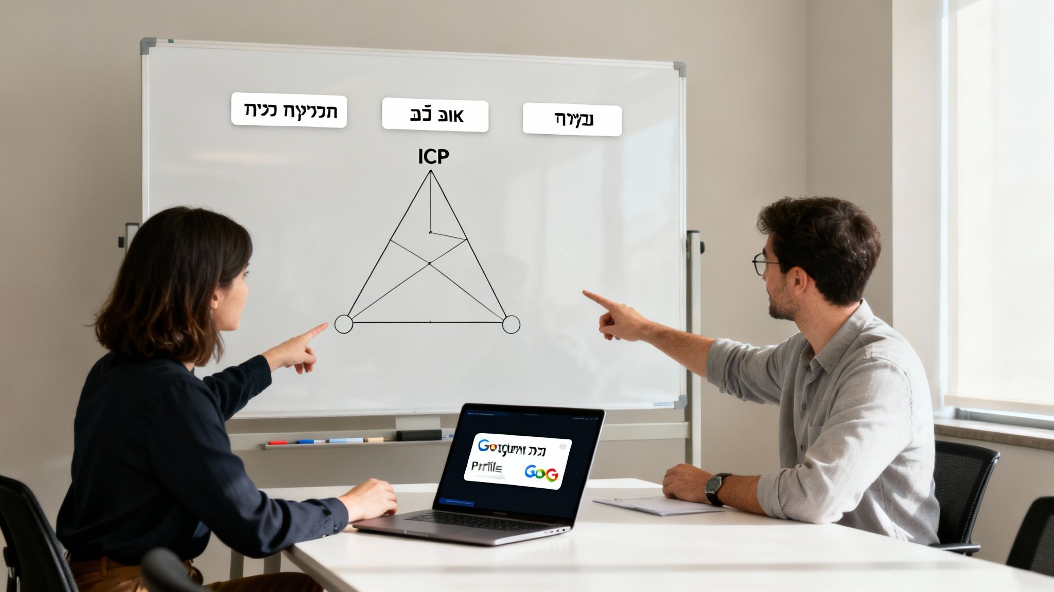 שני אנשים דנים באסטרטגיה עסקית, מצביעים על לוח מחיק עם מודל ICP וטקסט בעברית, ומחשב נייד עם מיתוג גוגל.