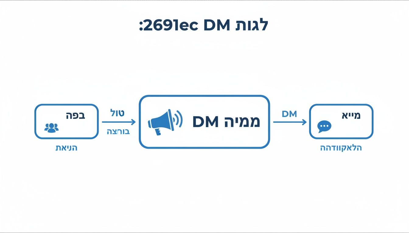 תרשים זרימה המתאר תהליך של הודעות ישירות (DM) בשיווק דיגיטלי והפעלת קהל.