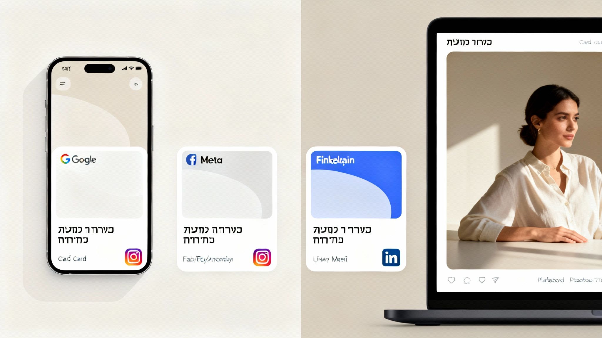 טלפון חכם ומחשב נייד מציגים כרטיסים דיגיטליים של גוגל, מטא, פינקלשטיין, ופרופילים חברתיים.