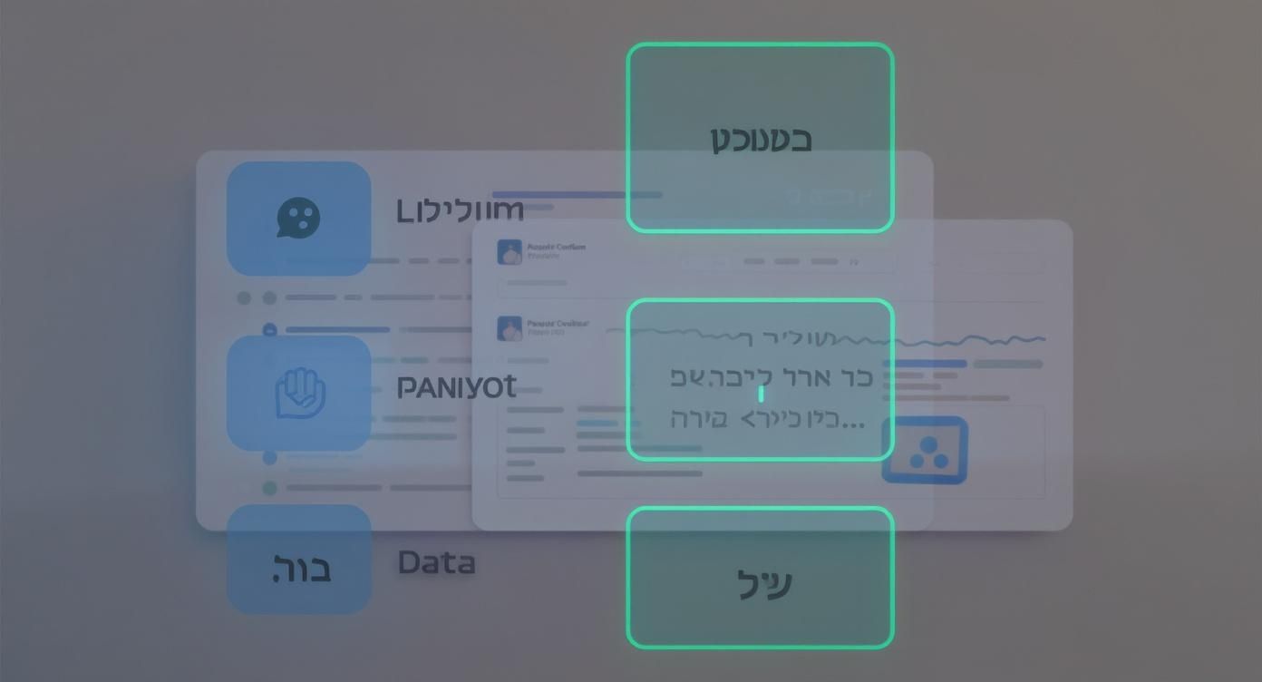ממשק משתמש דיגיטלי עם אלמנטים גרפיים, כפתורים, וטקסט בעברית כמו 'בטחונך' ו'על'.
