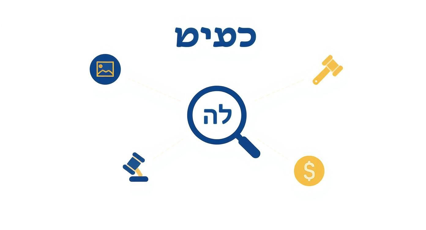 תרשים עם זכוכית מגדלת המכילה את המילה 'לה', מוקפת באייקונים של תמונה, פטישים וסימן דולר, תחת הכותרת 'כמיס'.