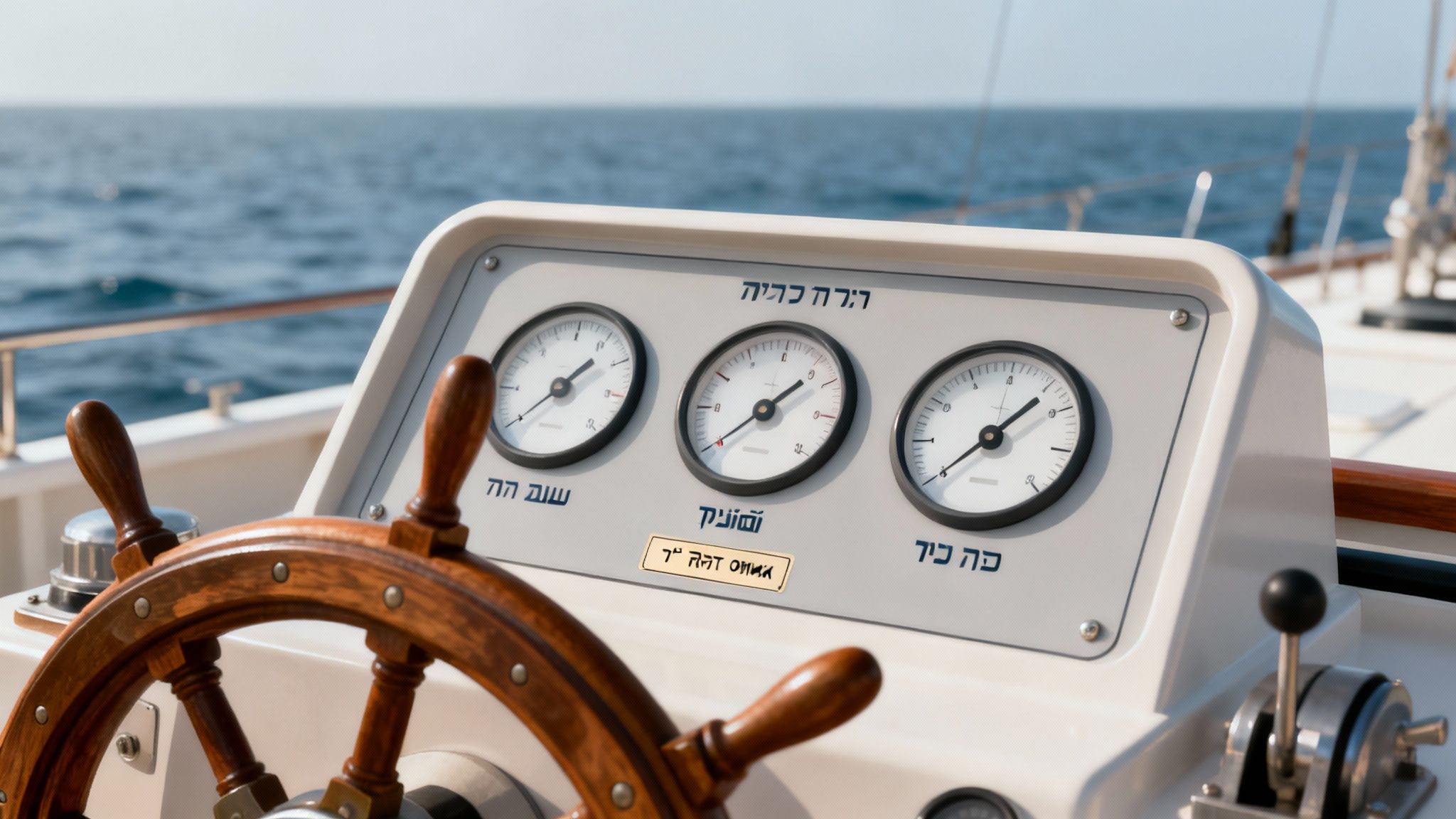 הגה עץ של סירה בלב ים, עם לוח מחוונים ושלושה מדי מהירות ברורים.
