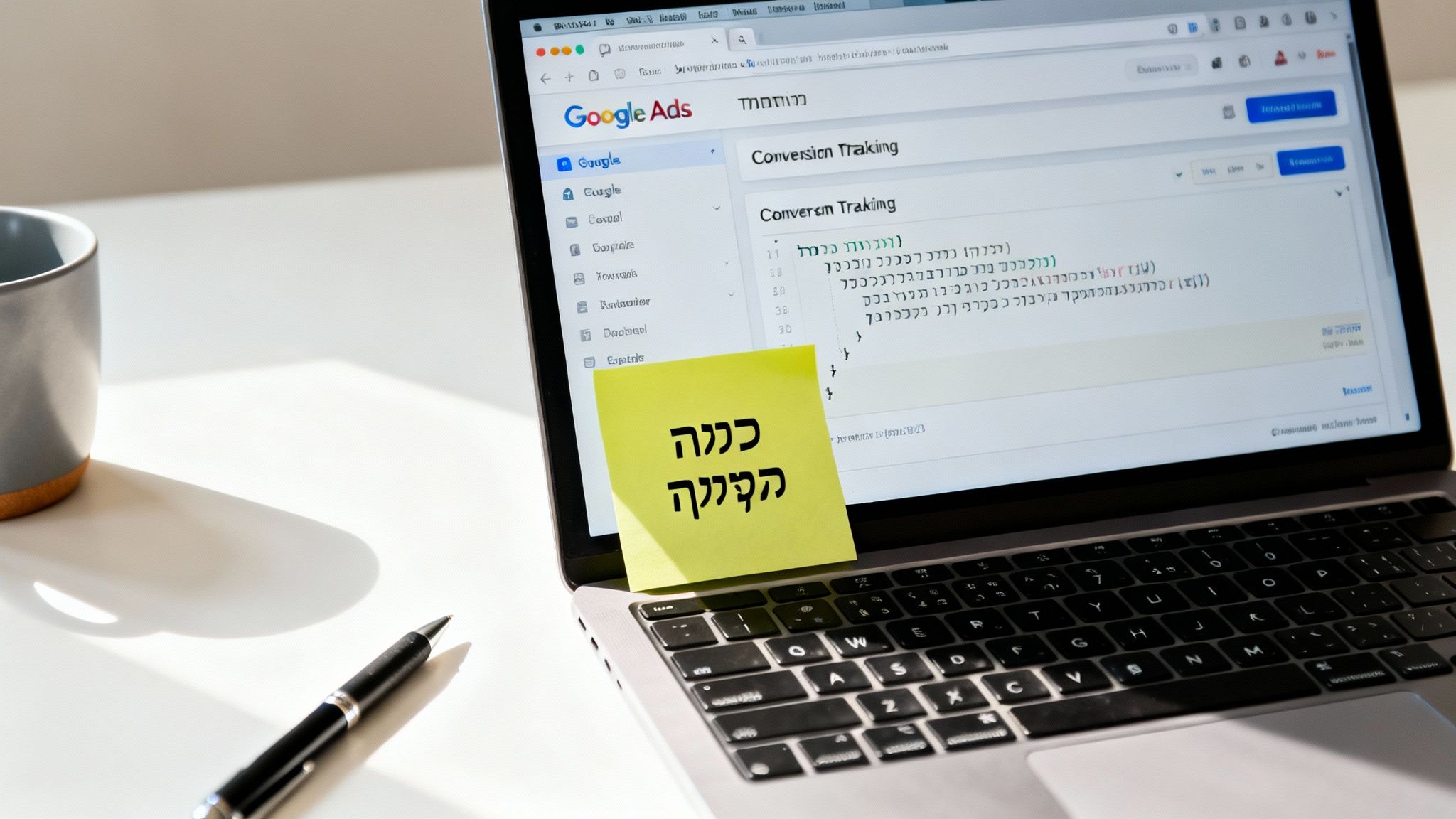 מחשב נייד מציג את ממשק Google Ads למעקב המרות, עם פתק צהוב בעברית 'כנה הקנייה'. לידו עט וכוס.