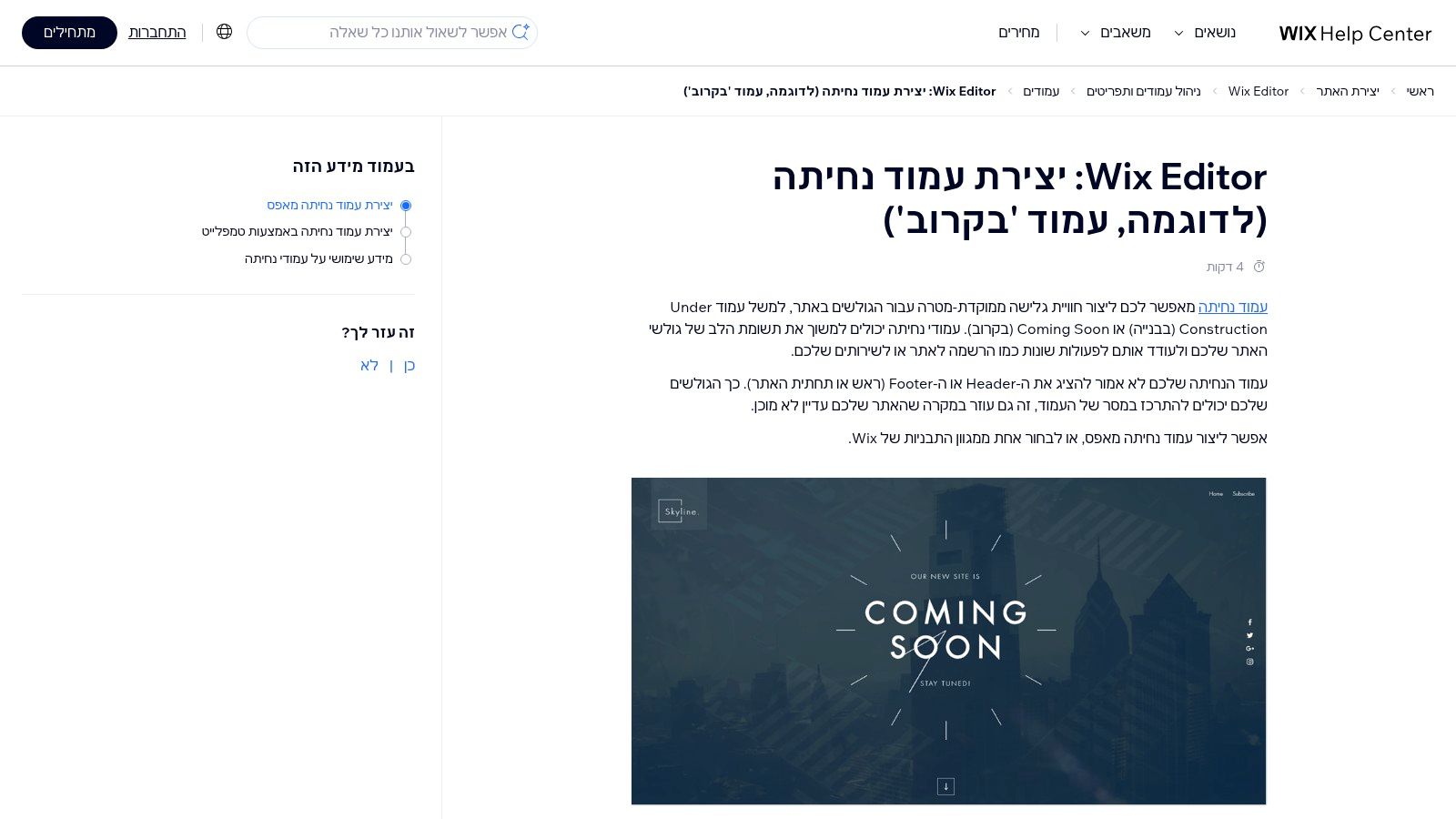 דף נחיתה לדוגמא בוויקס