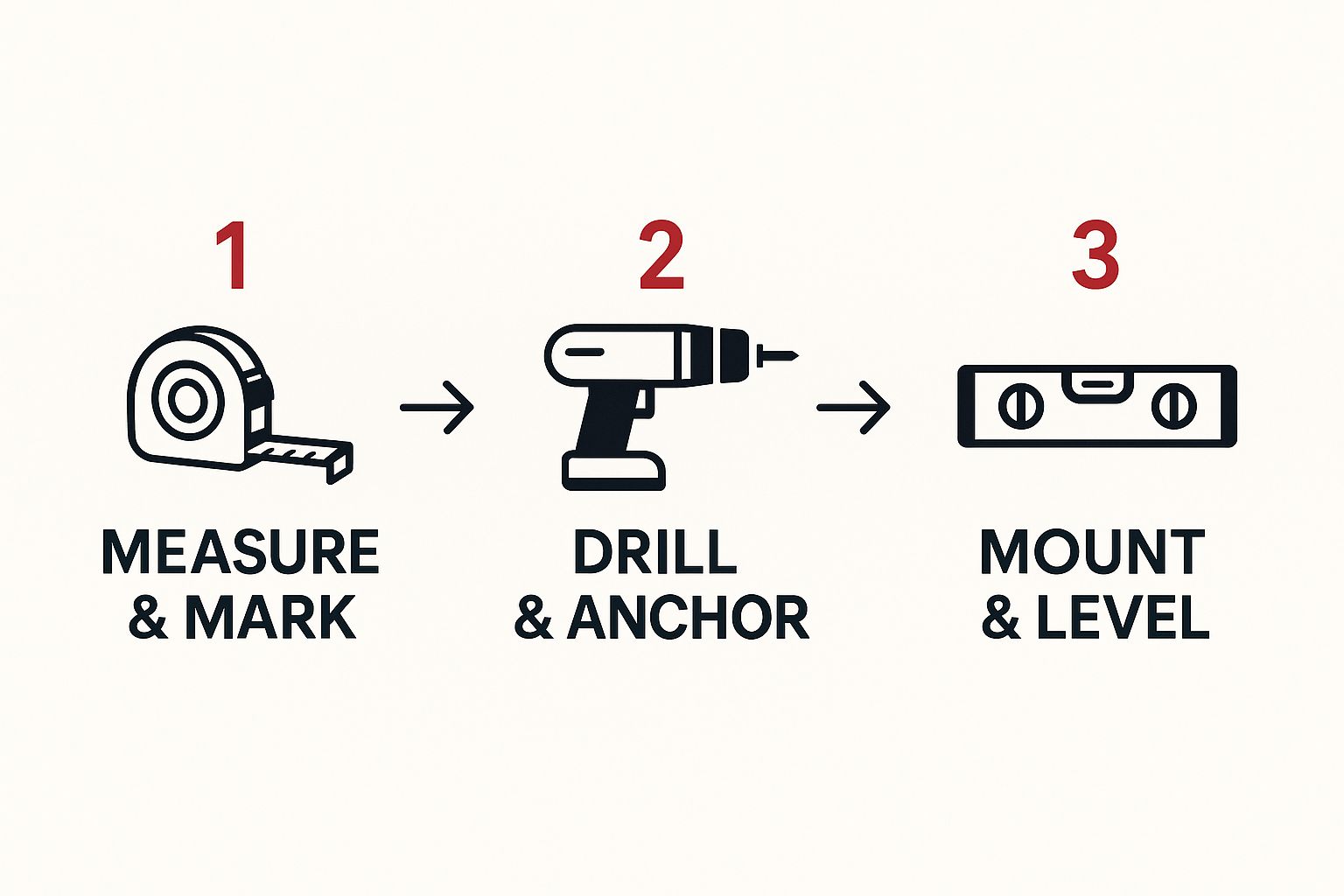 Infographic showing the three-step process to install a medal rack Measure & Mark, Drill & Anchor, and Mount & Level.
