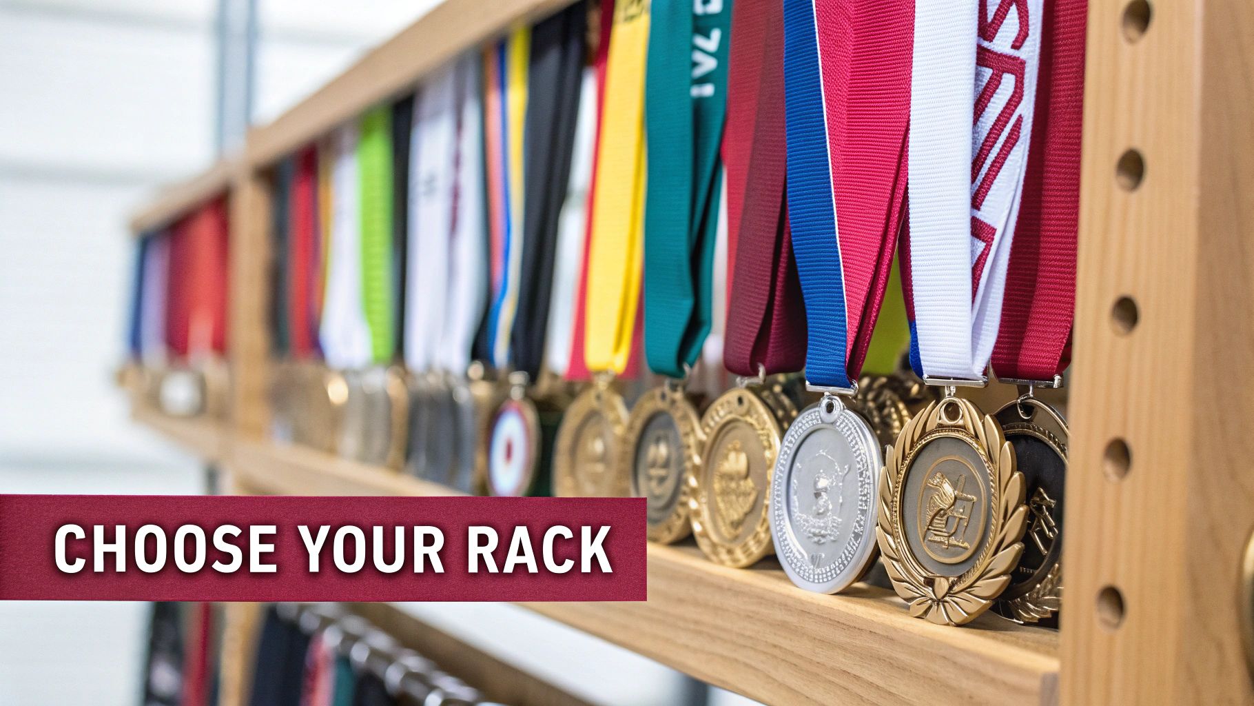 A sleek black metal display rack mounted on a white wall, filled with a colorful assortment of race medals.