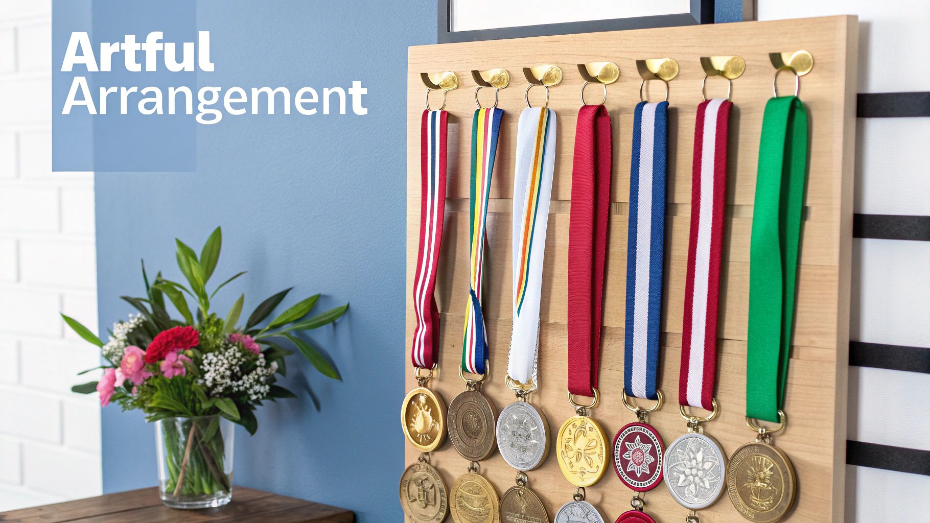 A well-organized display rack featuring various medals, showcasing different arrangement techniques.