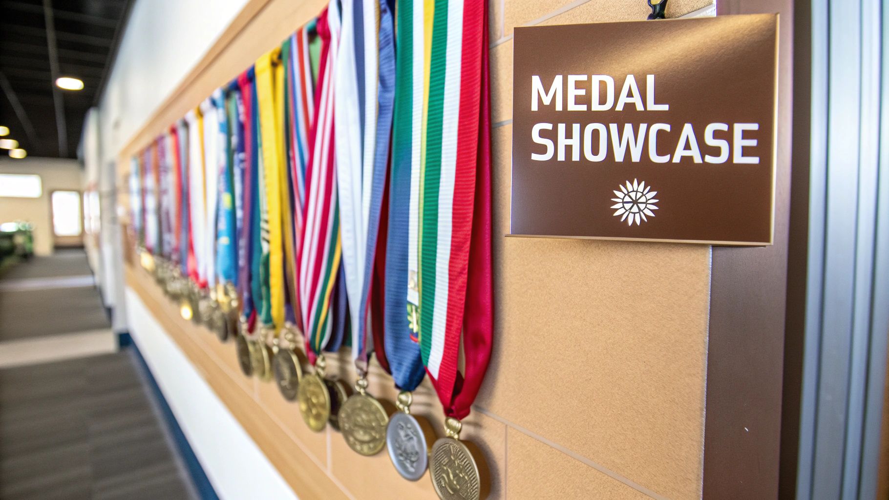 A close-up shot of a variety of running and triathlon medals hanging neatly on a black metal display rack.