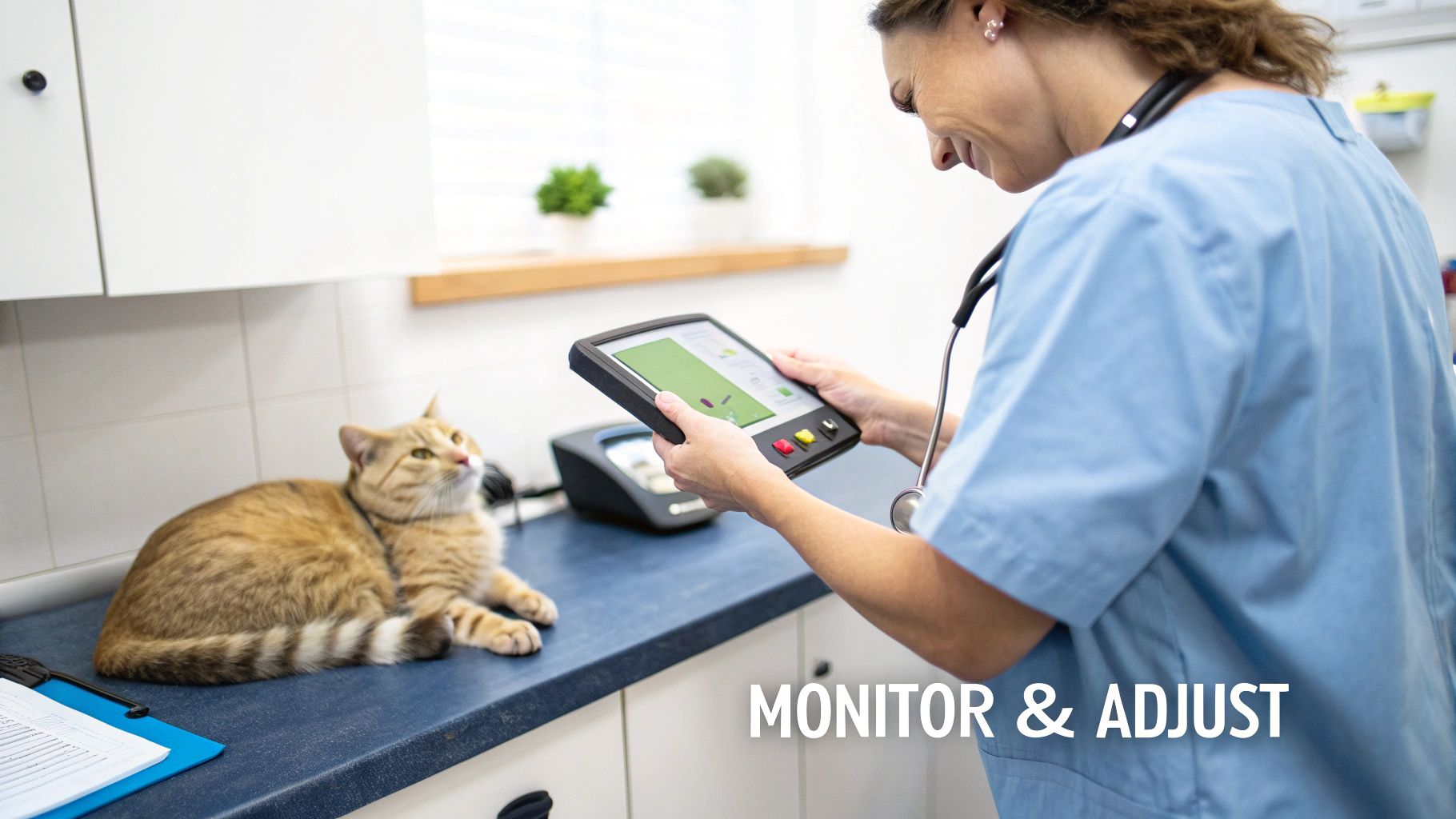 A veterinarian monitors a ginger tabby cat's health on a tablet during a checkup.