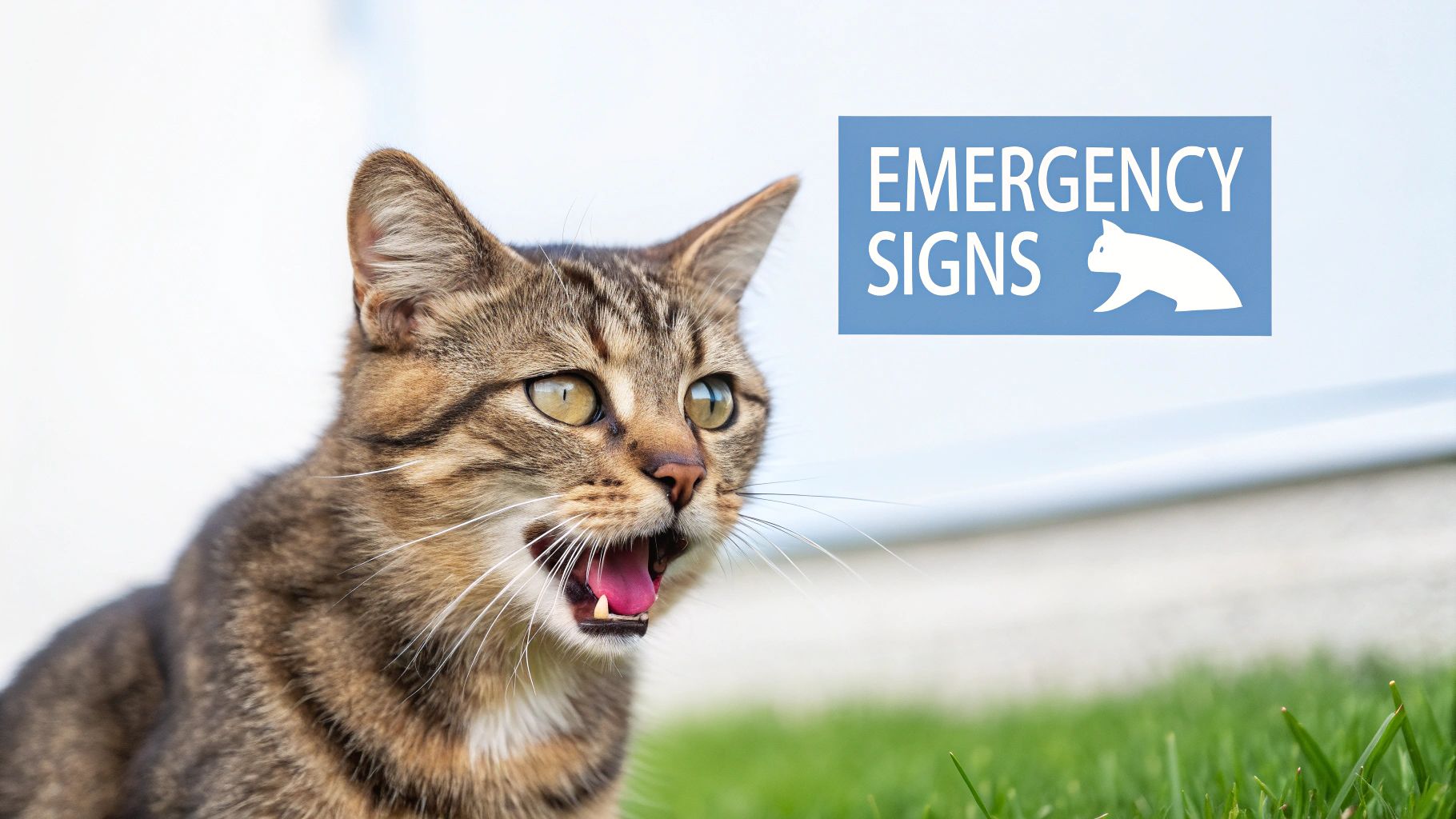 A startled tabby cat with its mouth open, next to a blue sign reading 'EMERGENCY SIGNS' and a cat icon.