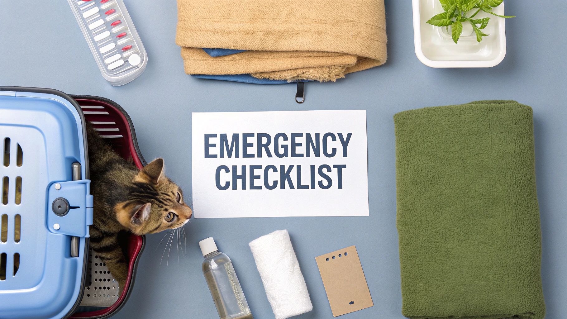 A tabby cat peeks from its blue carrier next to an 'Emergency Checklist' and pet supplies on a grey background.