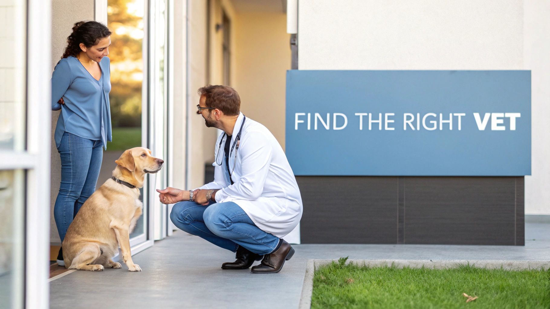 A woman and a male veterinarian interact with a golden retriever dog outside a clinic.