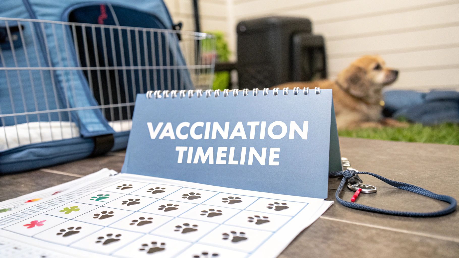 A pet vaccination timeline booklet with paw print stickers, a dog, and a carrier in the background.