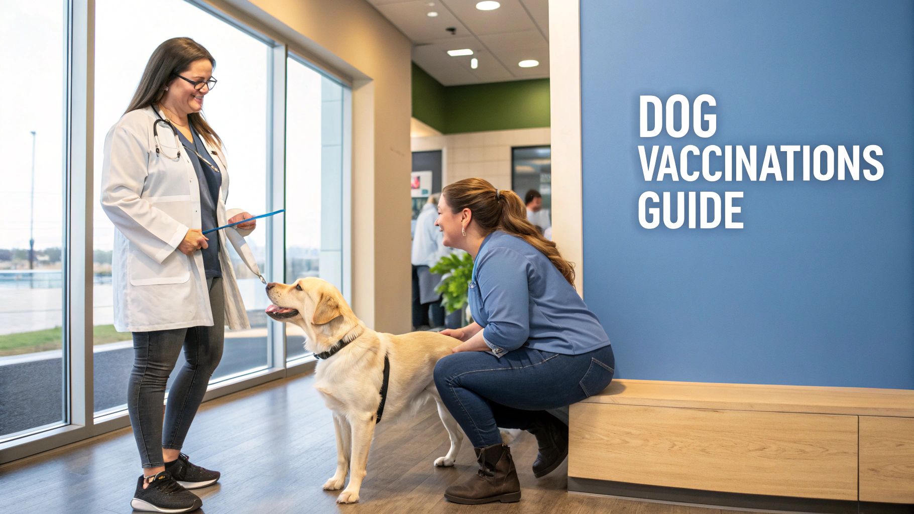 A veterinarian smiles while talking to a woman petting her happy yellow Labrador at a modern vet clinic.