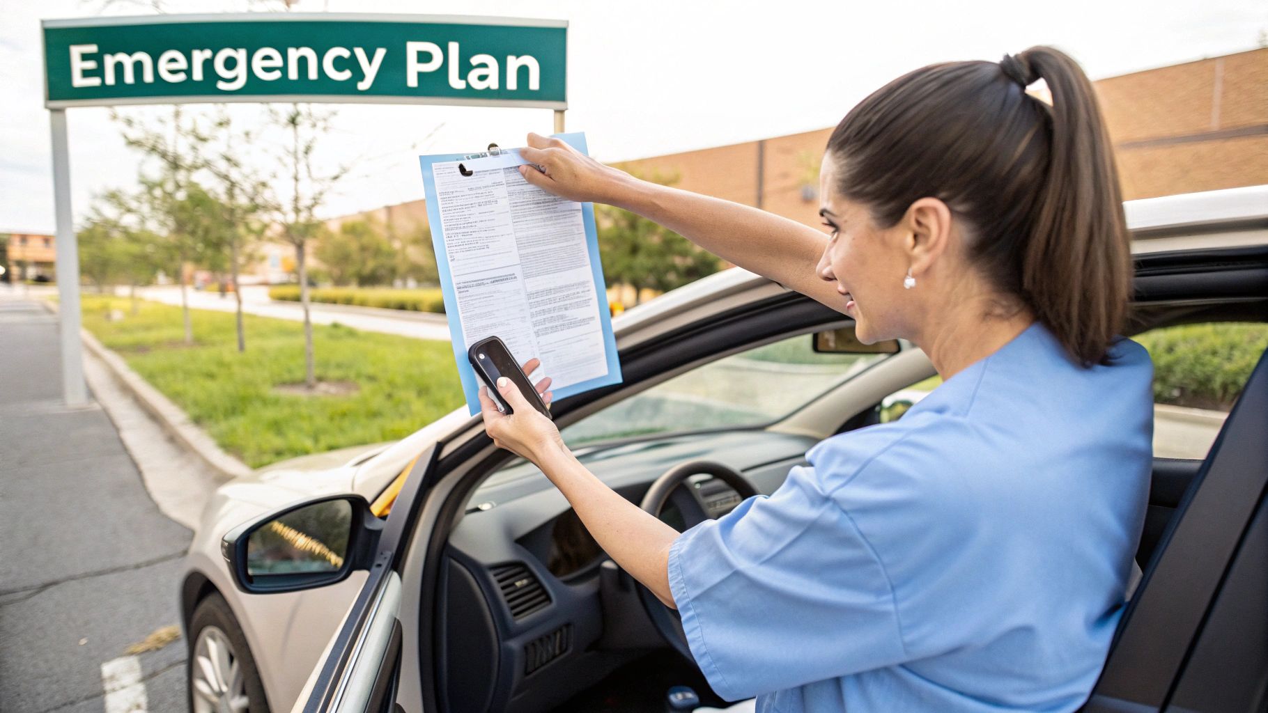 A healthcare worker in scrubs reviews an emergency plan document on a clipboard from her car.