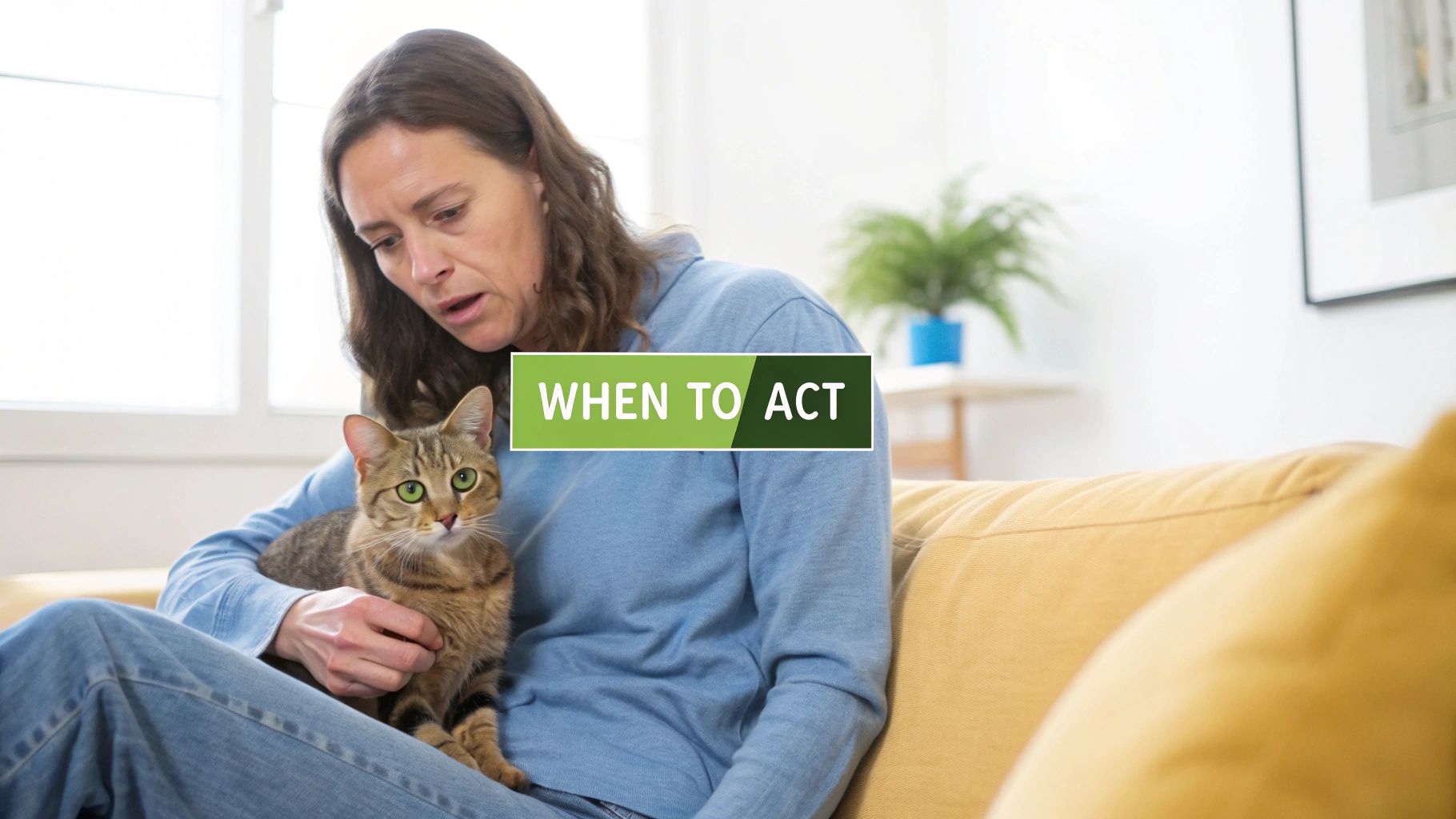 A woman on a sofa holds a a tabby cat with green eyes; text reads 'WHEN TO ACT'.