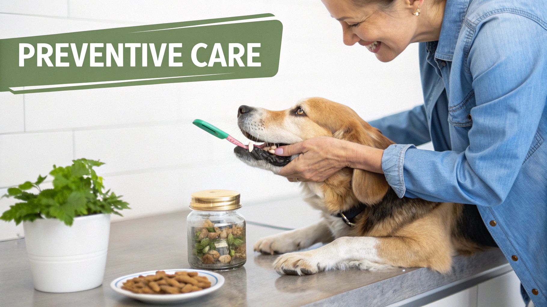 A smiling woman brushes her beagle dog's teeth, promoting preventive care and oral hygiene.
